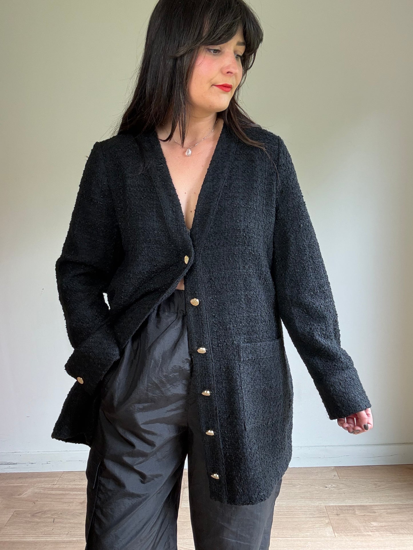 Tweed Style Long Cardigan Jacket, L