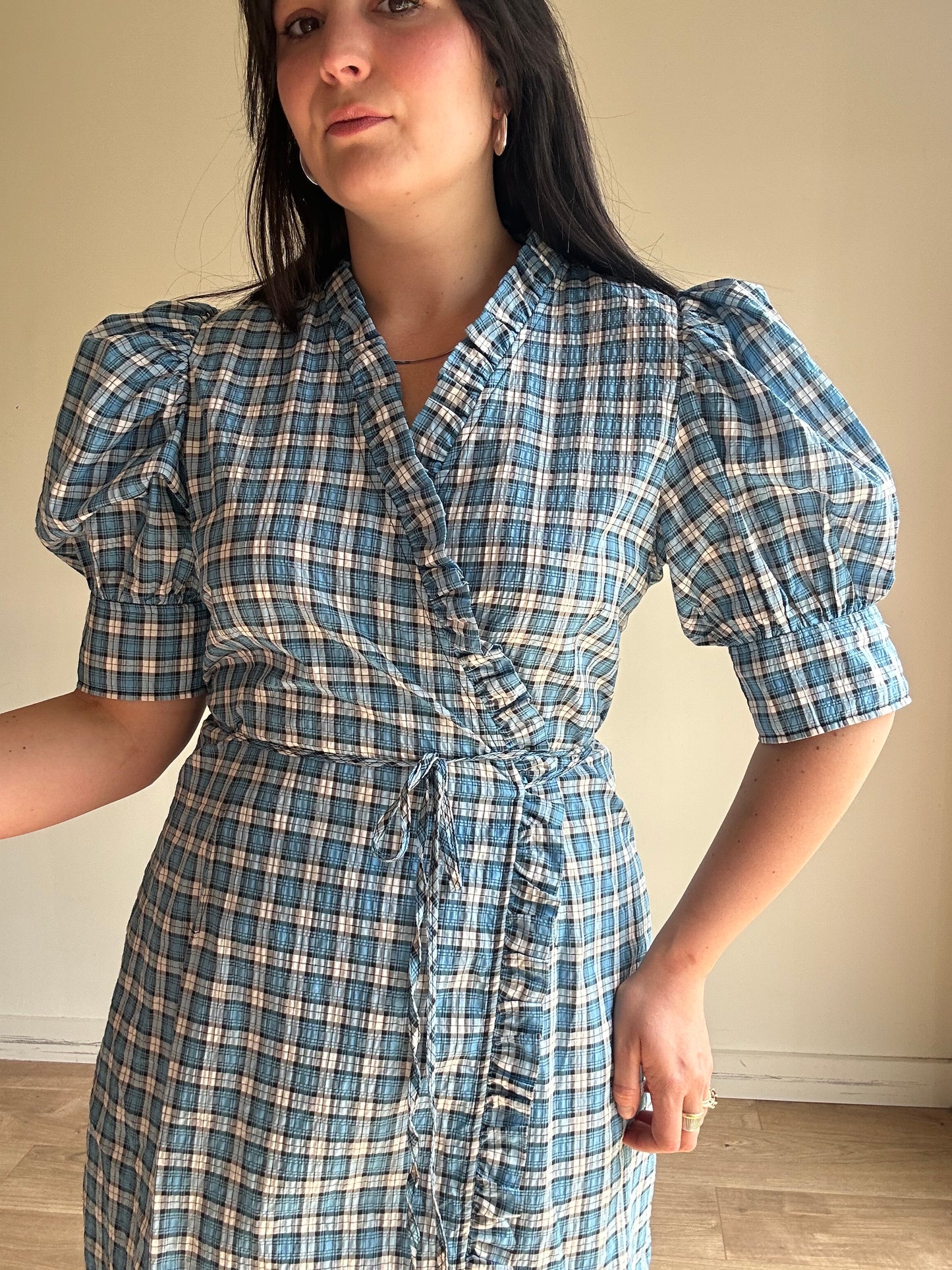 NEW Ganni Blue Check Wrap Dress - Size 42
