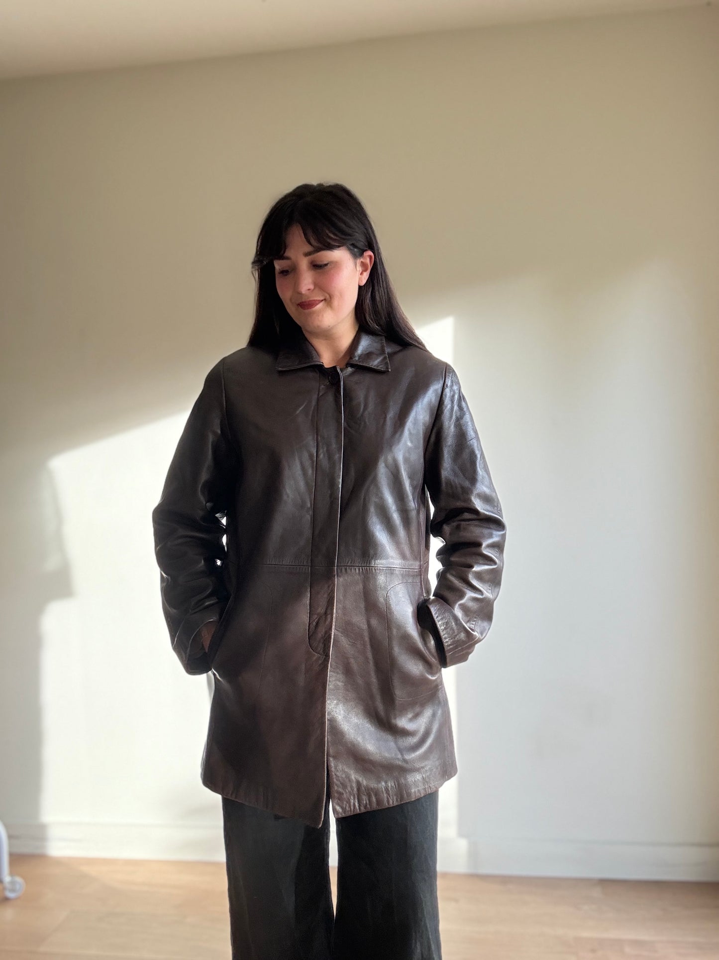 Brown Vintage M&S Butter Soft Leather Long Jacket, 12-14