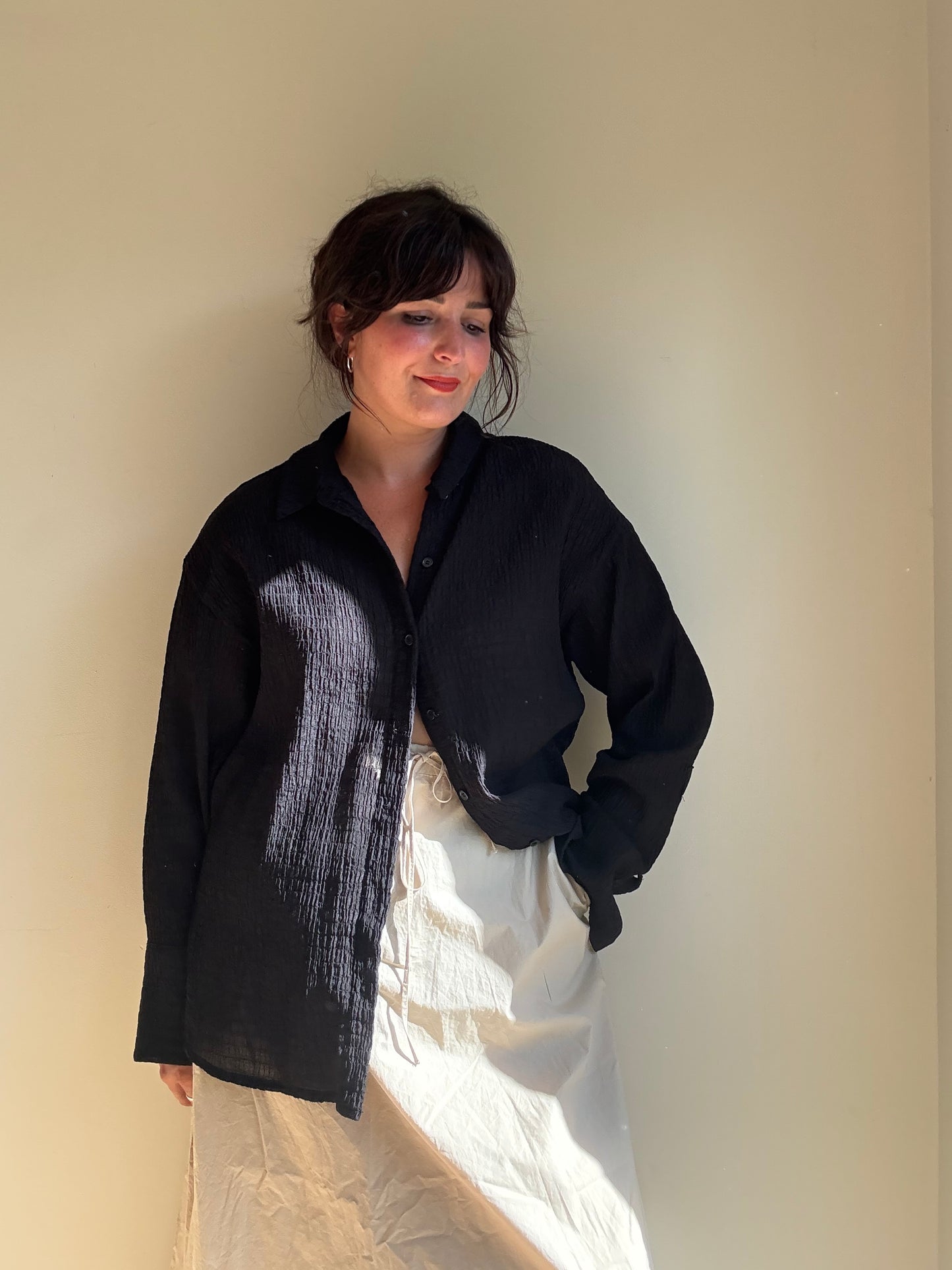 Black Bershka Crinkle Oversized Shirt, M
