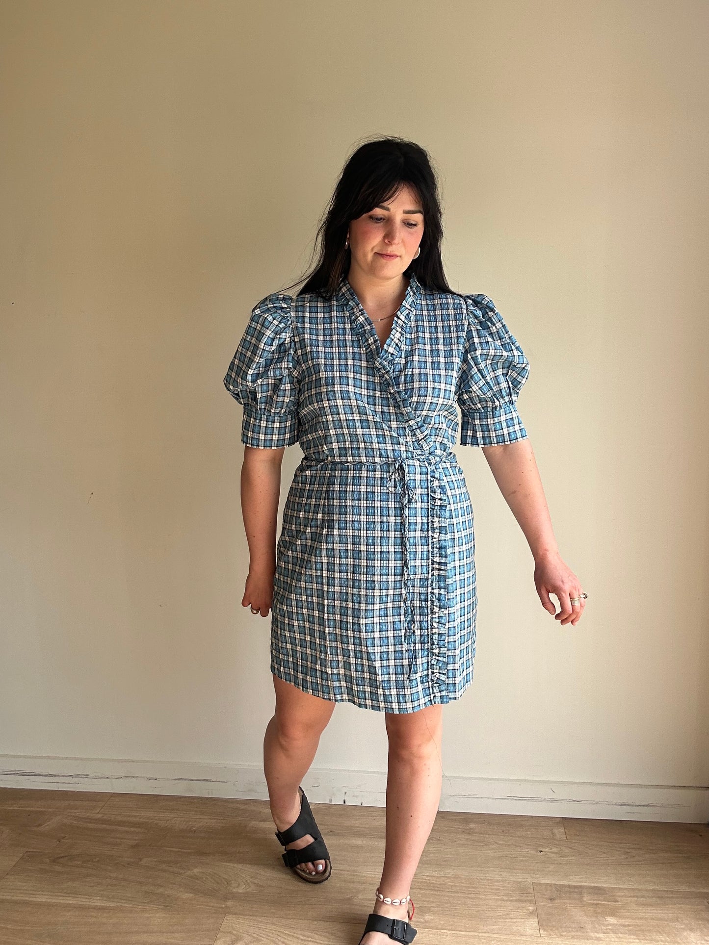NEW Ganni Blue Check Wrap Dress - Size 42