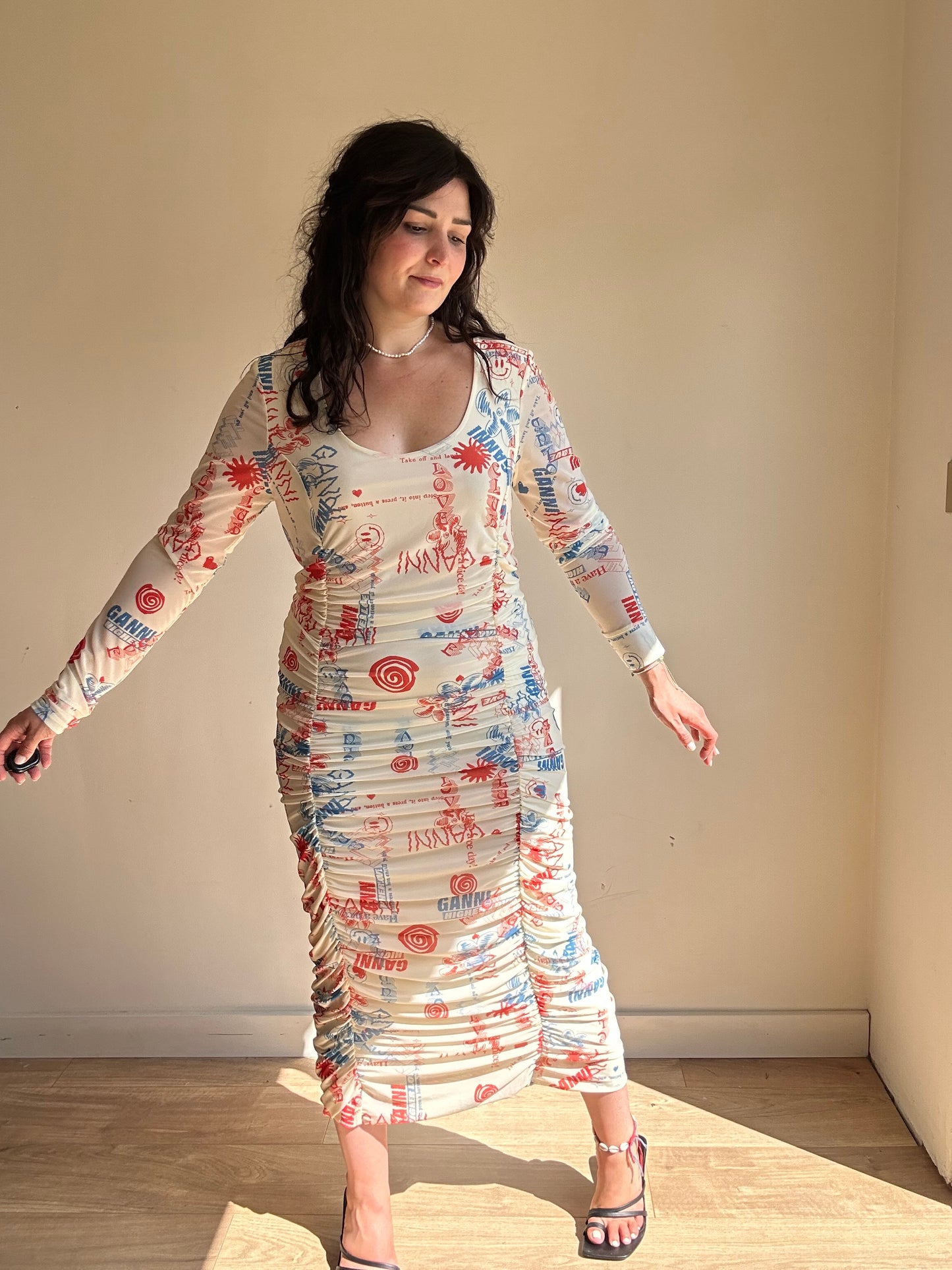 Ganni Graffiti Print Rouched Dress, 44