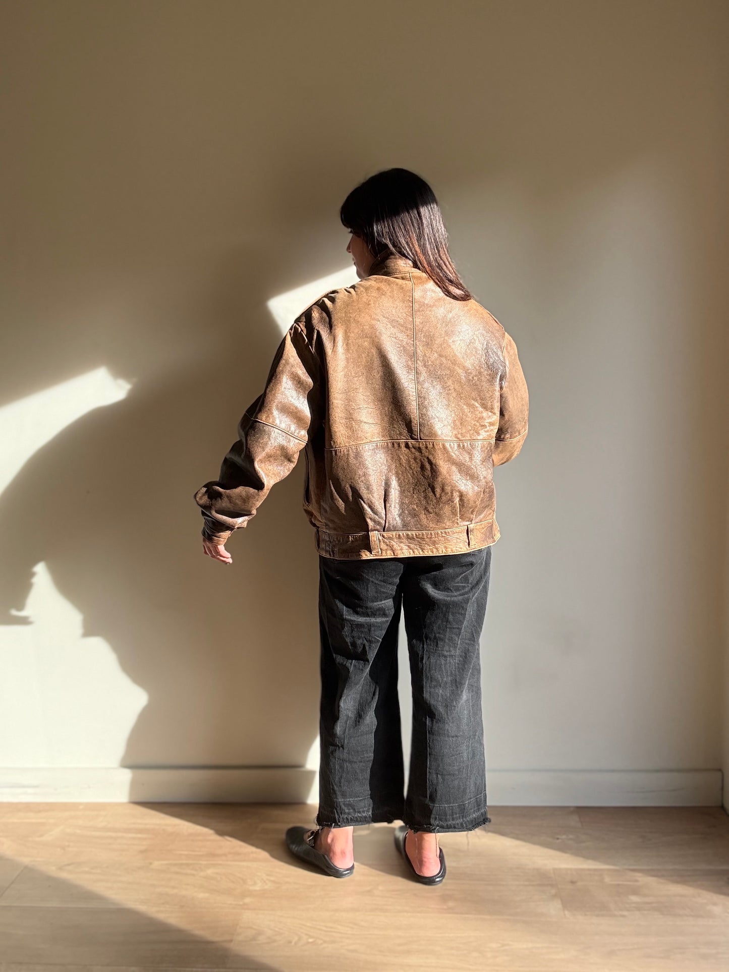 Vintage Leather Faded Aviator Bomber, M-L