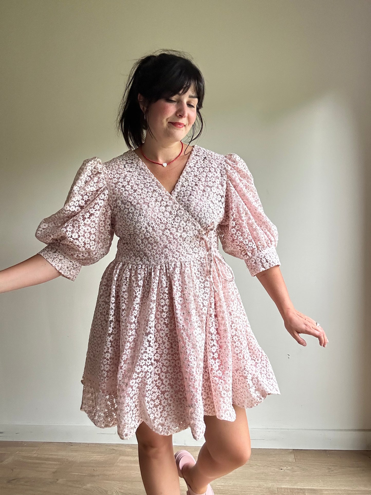 Dream Sister Jane Embroidered Tie Up Mini Dress, L