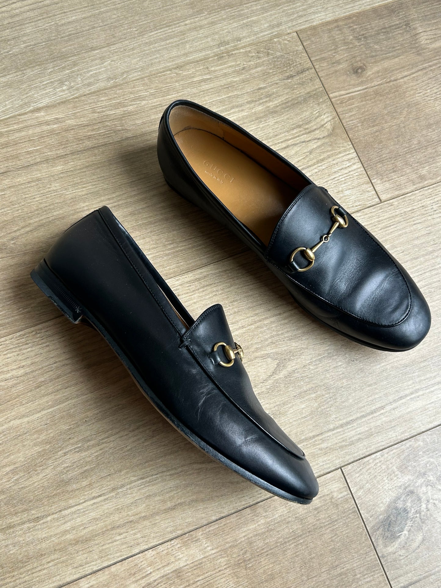 Black Gucci Jordaan Horsebit Leather Loafers, 39.5