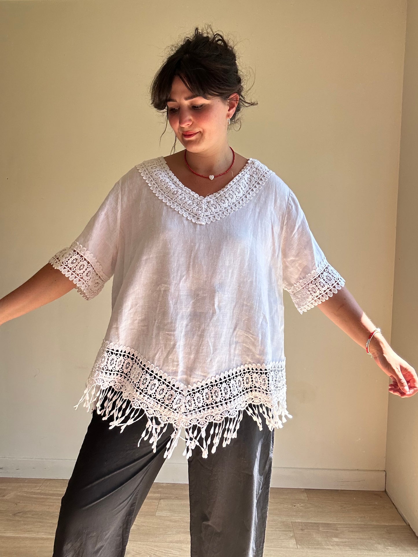 Pure Linen Embroidered Fringe Top, L-XXL