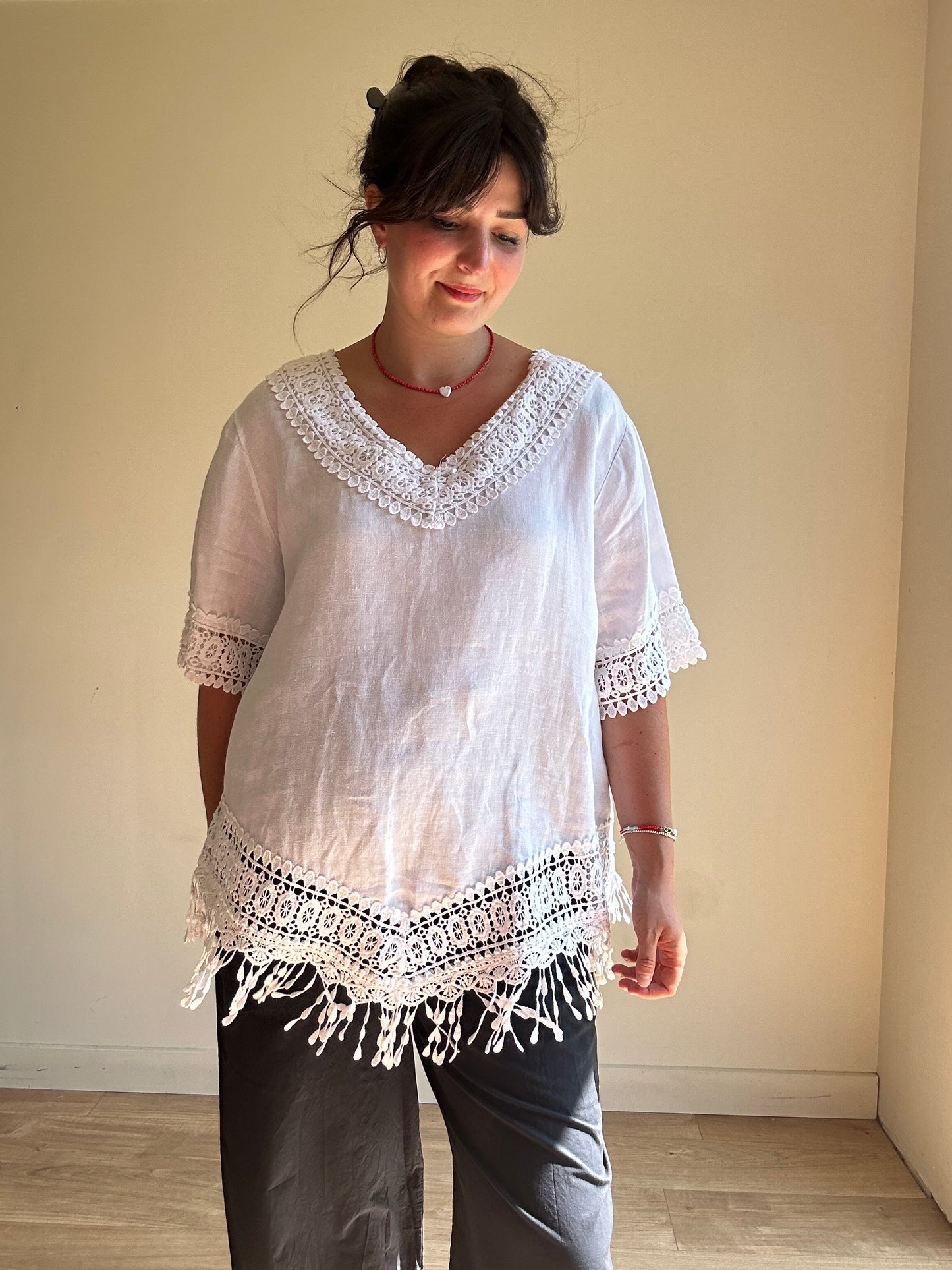 Pure Linen Embroidered Fringe Top, L-XXL