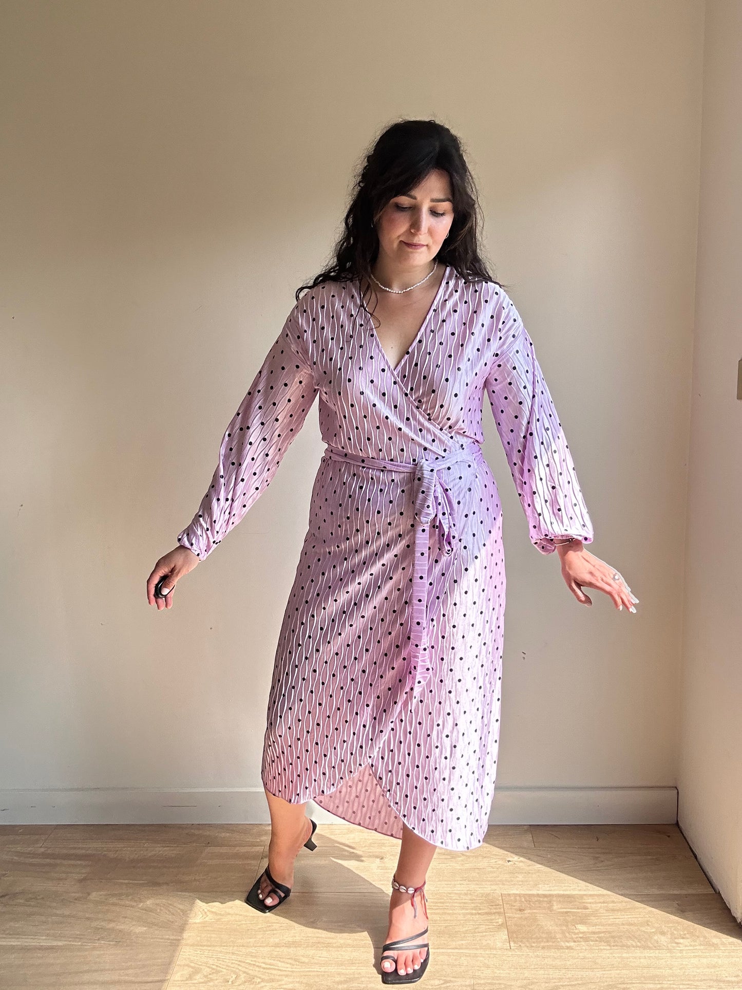 Polka Dot Crinkle Wrap Dress, S/M