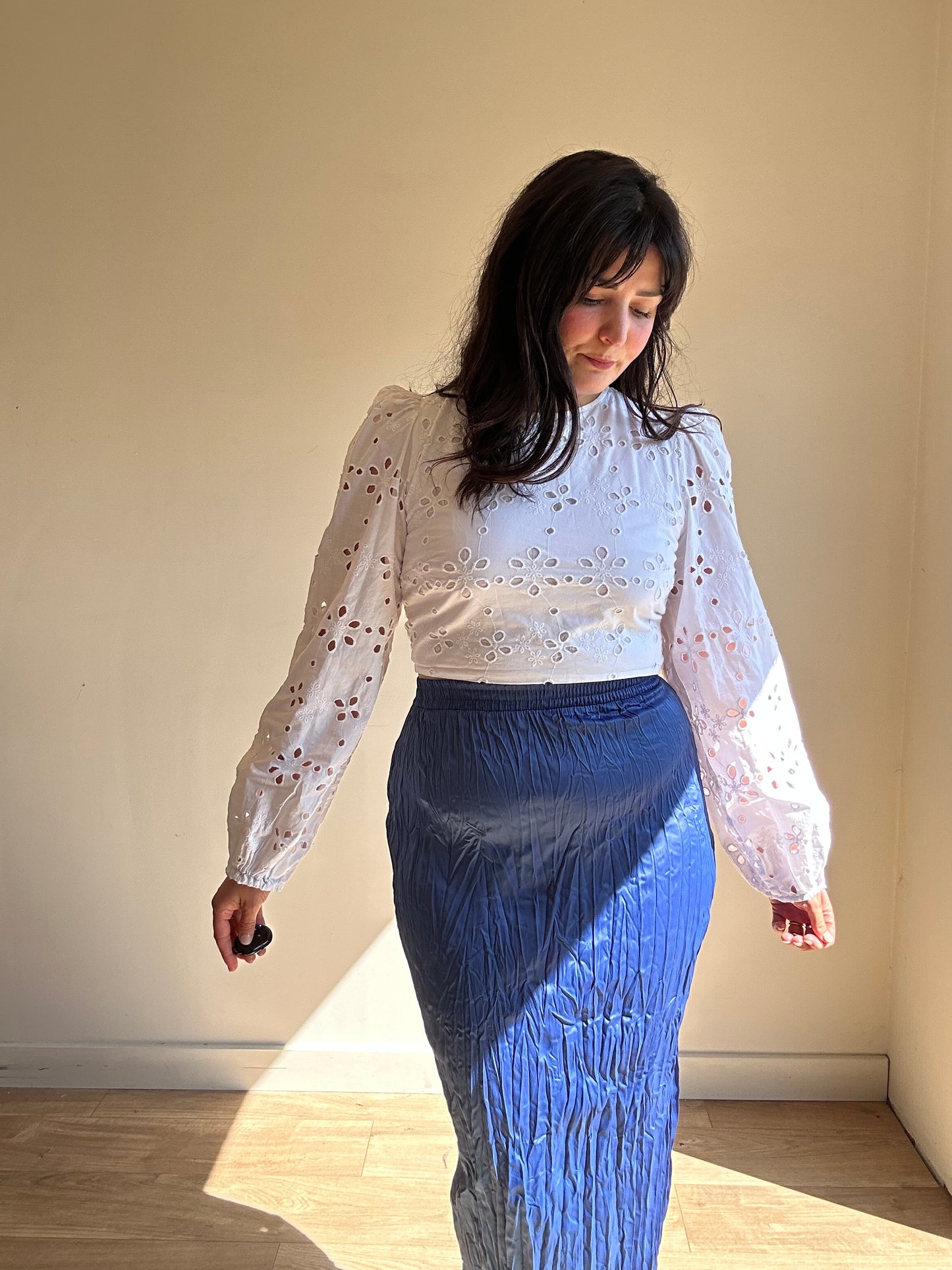 Blue Zara NEW Satin Crinkle Midi Skirt, M