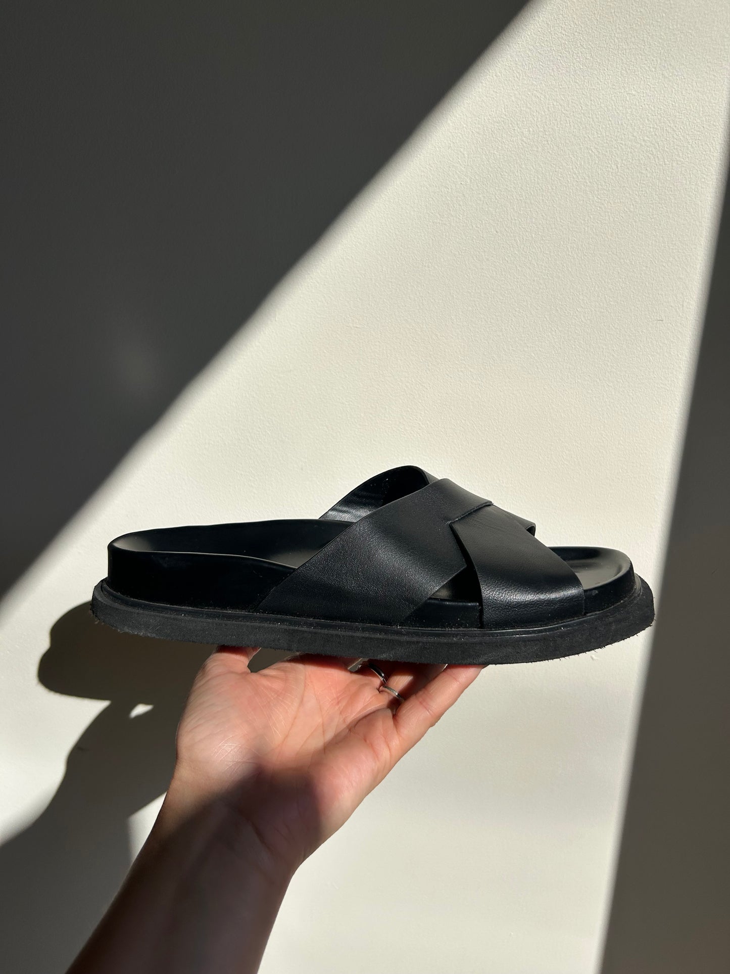 Black Zara Faux Leather Sliders, 38
