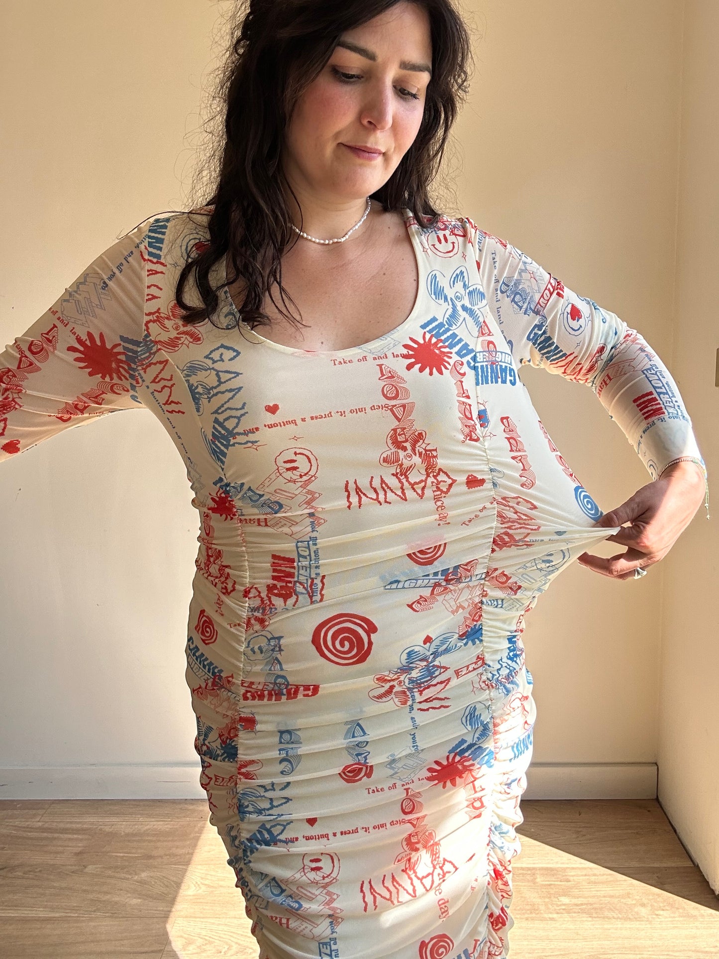 Ganni Graffiti Print Rouched Dress, 44