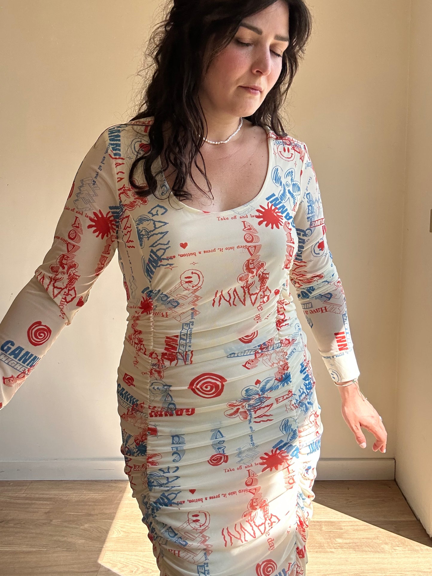 Ganni Graffiti Print Rouched Dress, 44