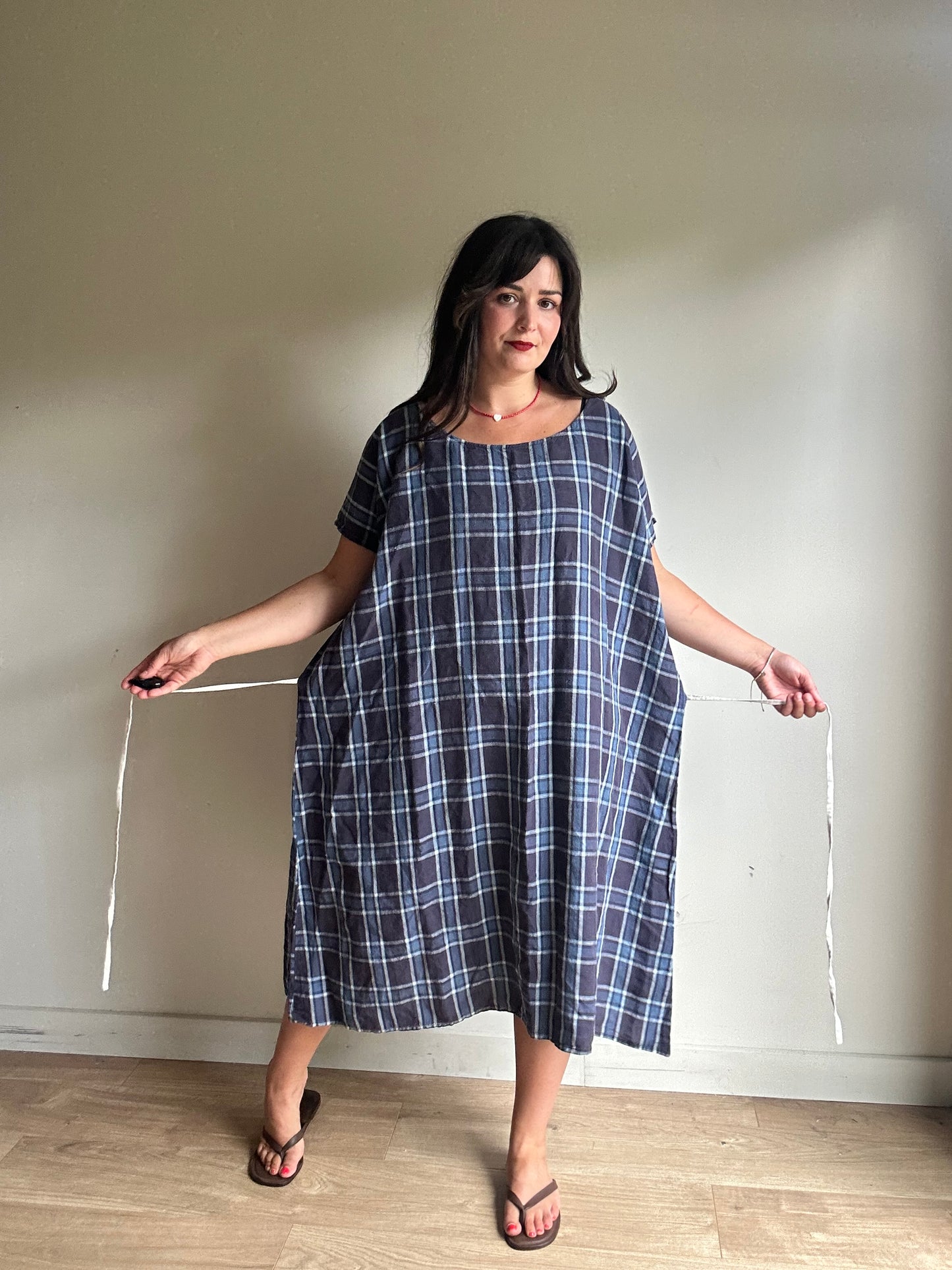 Apuntob Pure Linen Check Dress, L/XL