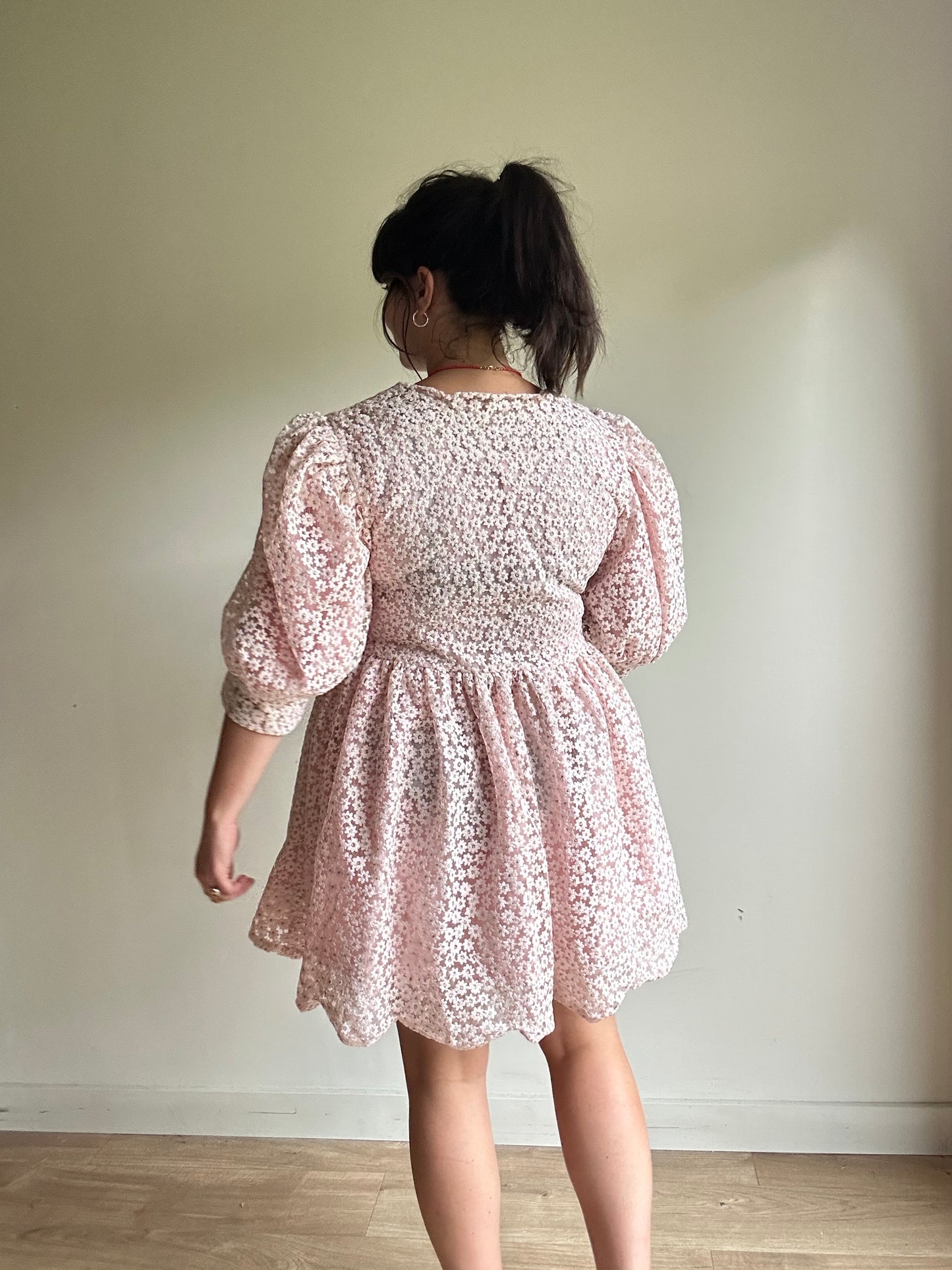 Dream Sister Jane Embroidered Tie Up Mini Dress, L