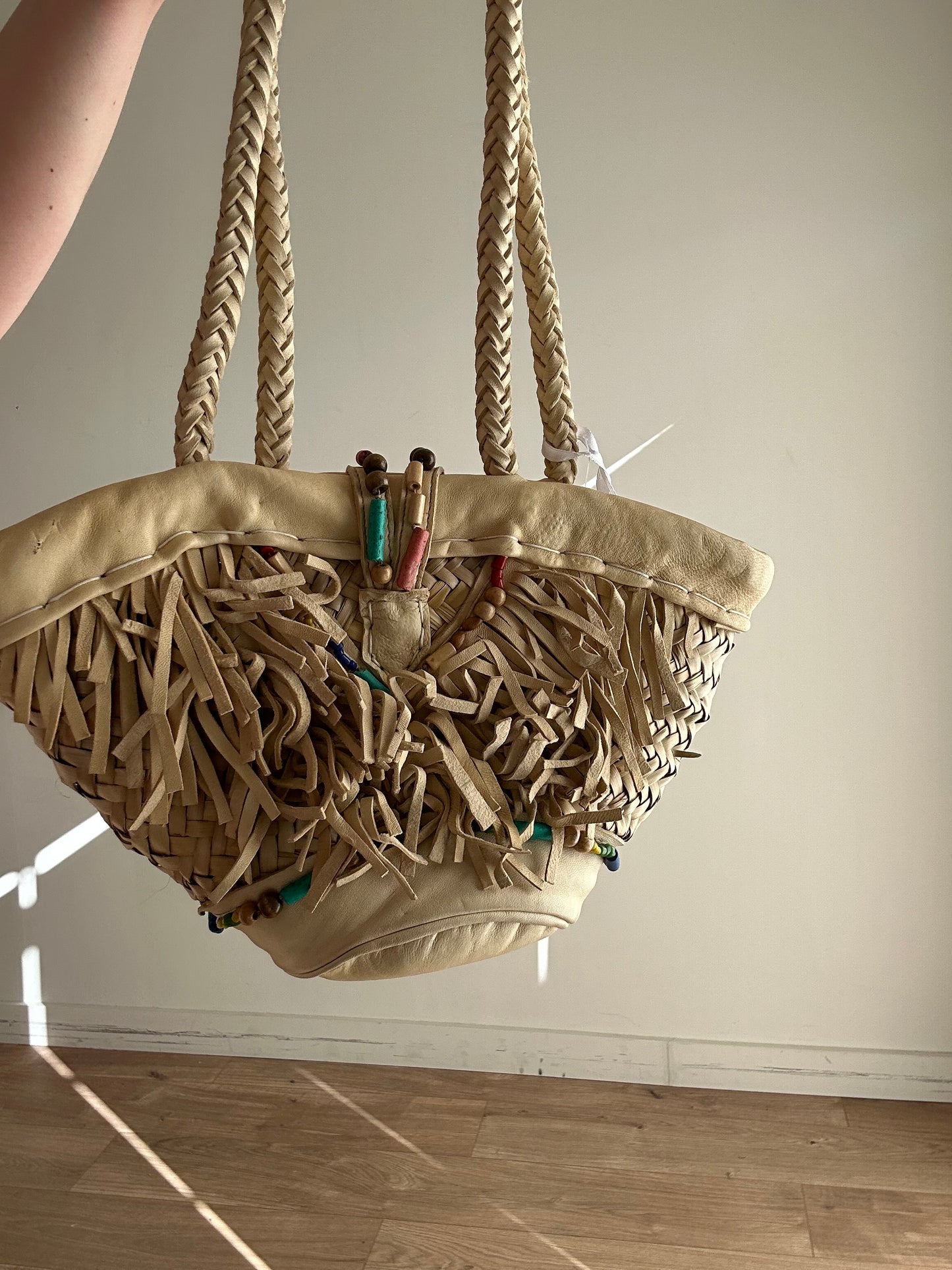 En Shalla Leather Tassel Mini Basket Bag, Small