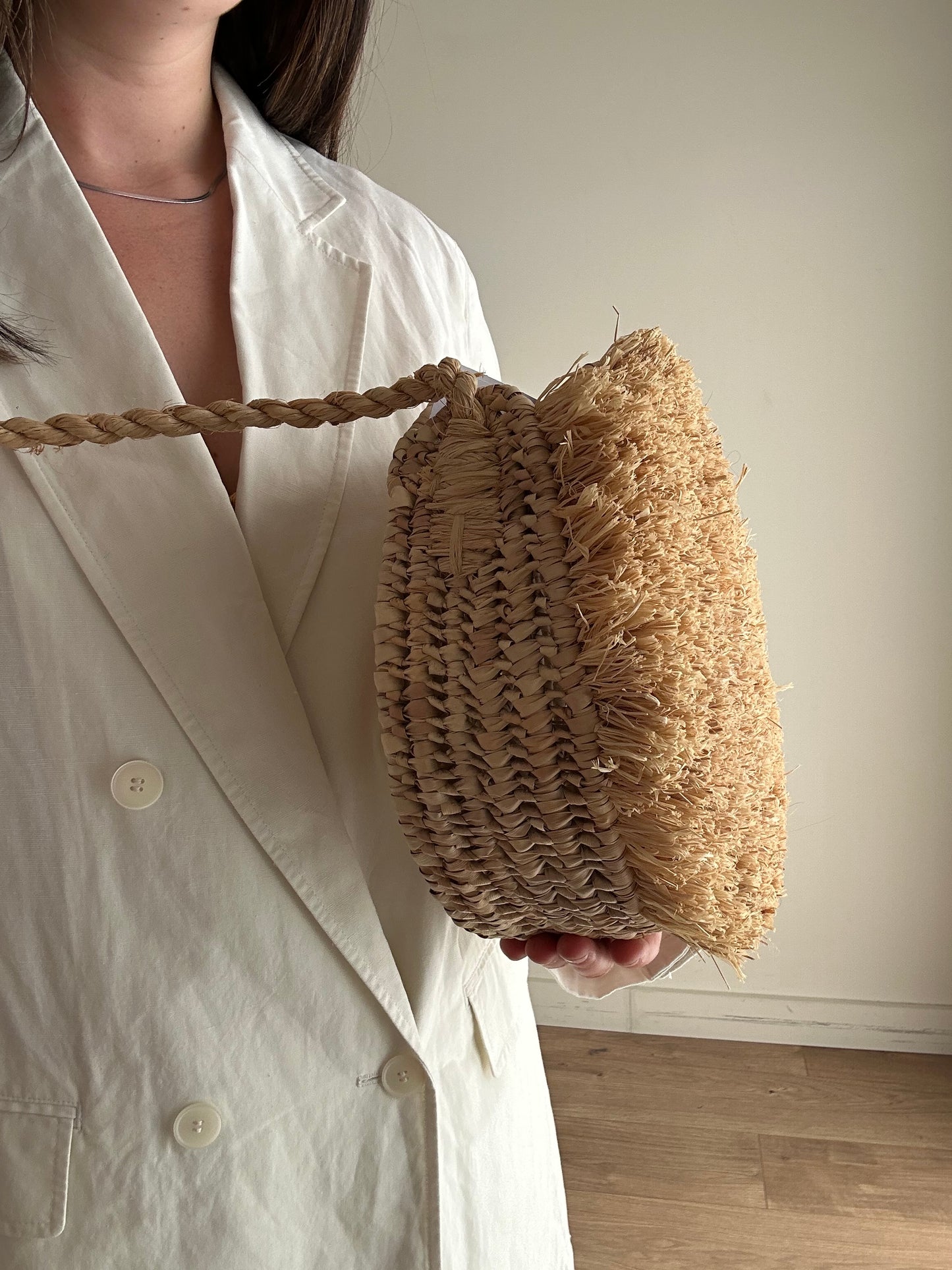 Straw Handmade Shaggy Round Crossbody Bag, O/S
