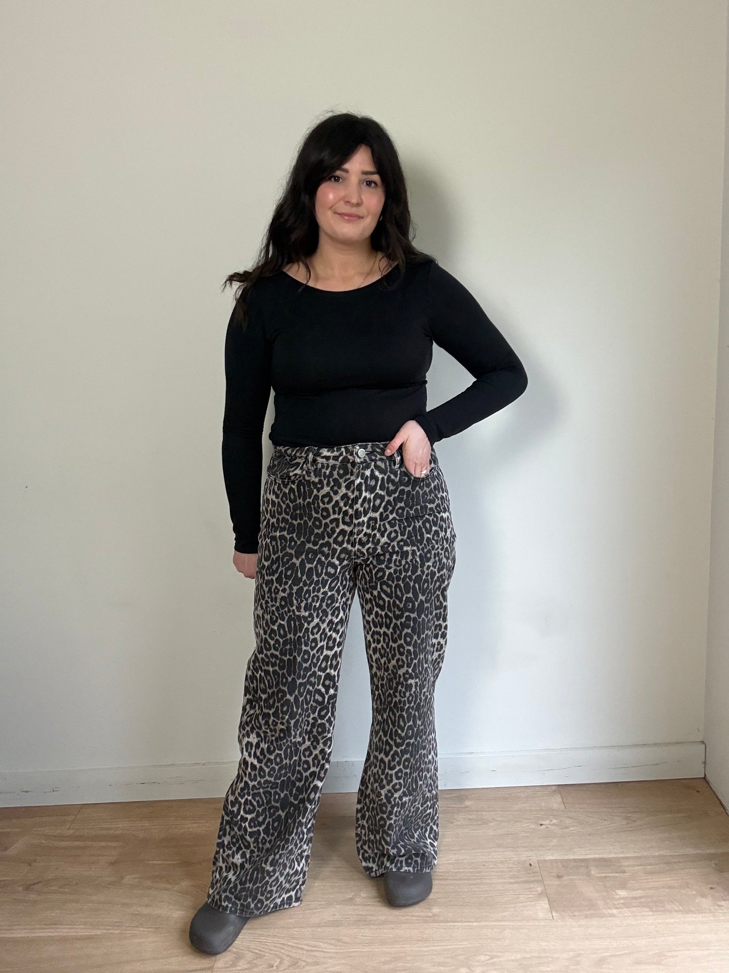 Leopard Print Wide Leg Jeans, 14