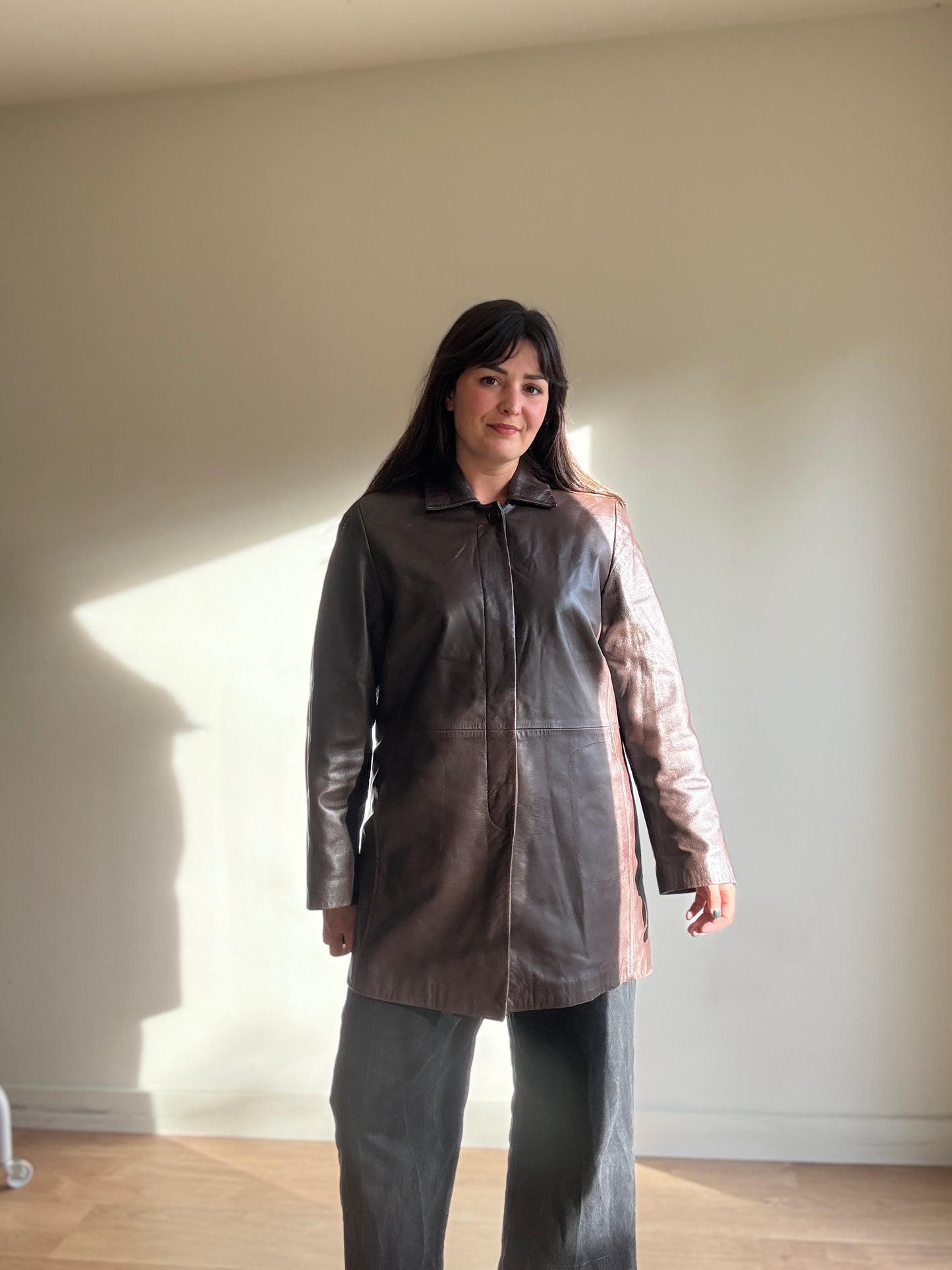 Brown Vintage M&S Butter Soft Leather Long Jacket, 12-14