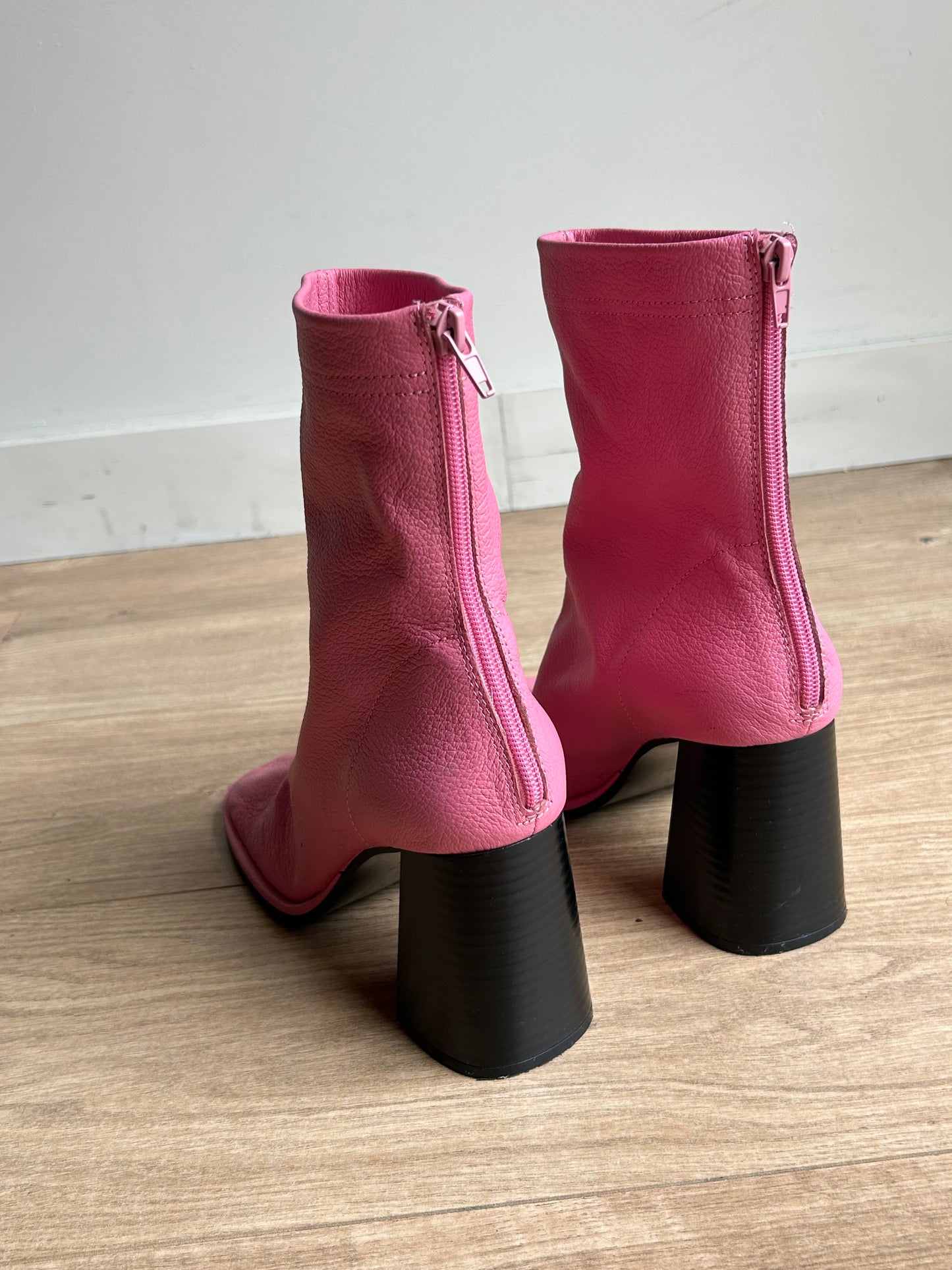 Pink Mango Grained Leather Block Heel Boot, 39