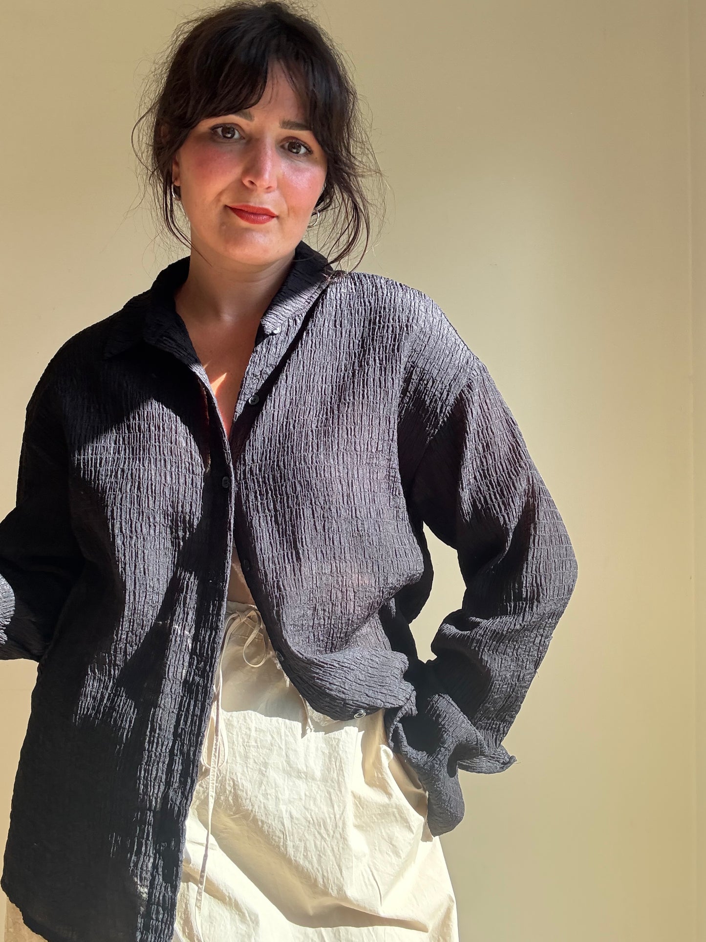 Black Bershka Crinkle Oversized Shirt, M