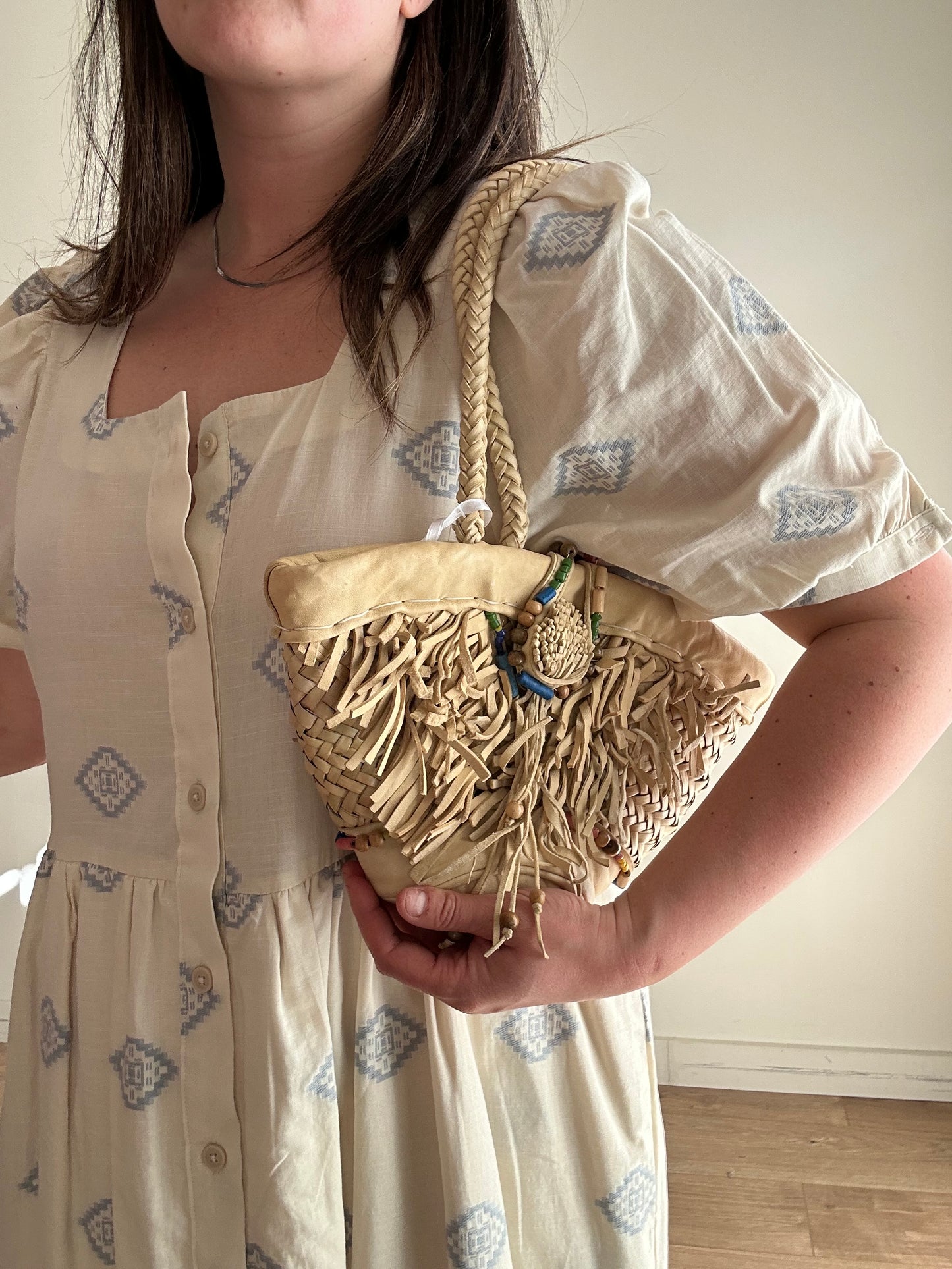 En Shalla Leather Tassel Mini Basket Bag, Small