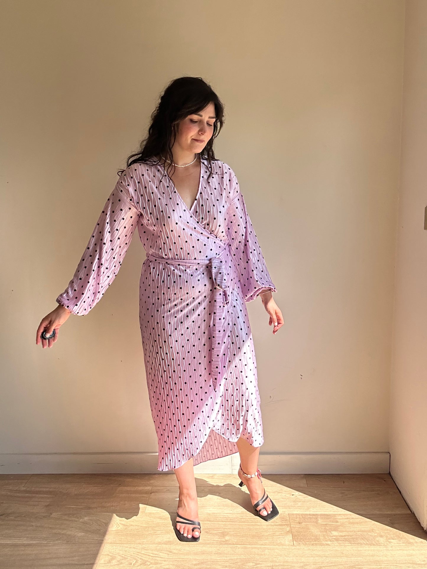 Polka Dot Crinkle Wrap Dress, S/M