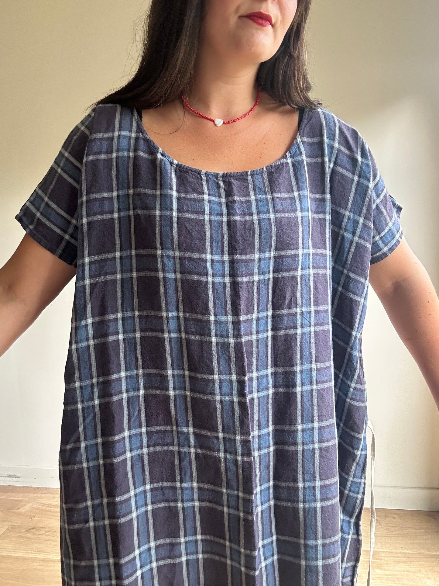 Apuntob Pure Linen Check Dress, L/XL