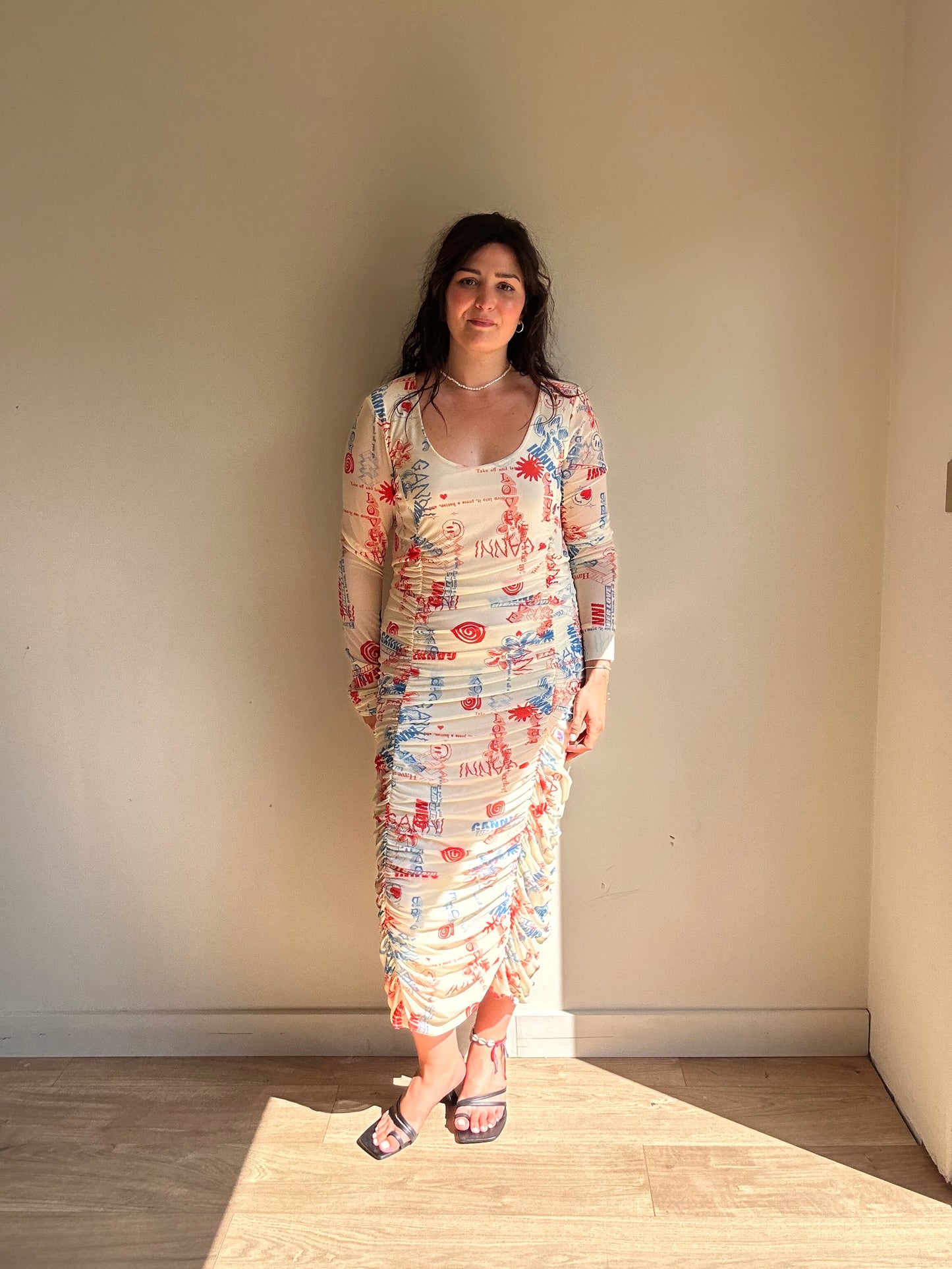 Ganni Graffiti Print Rouched Dress, 44