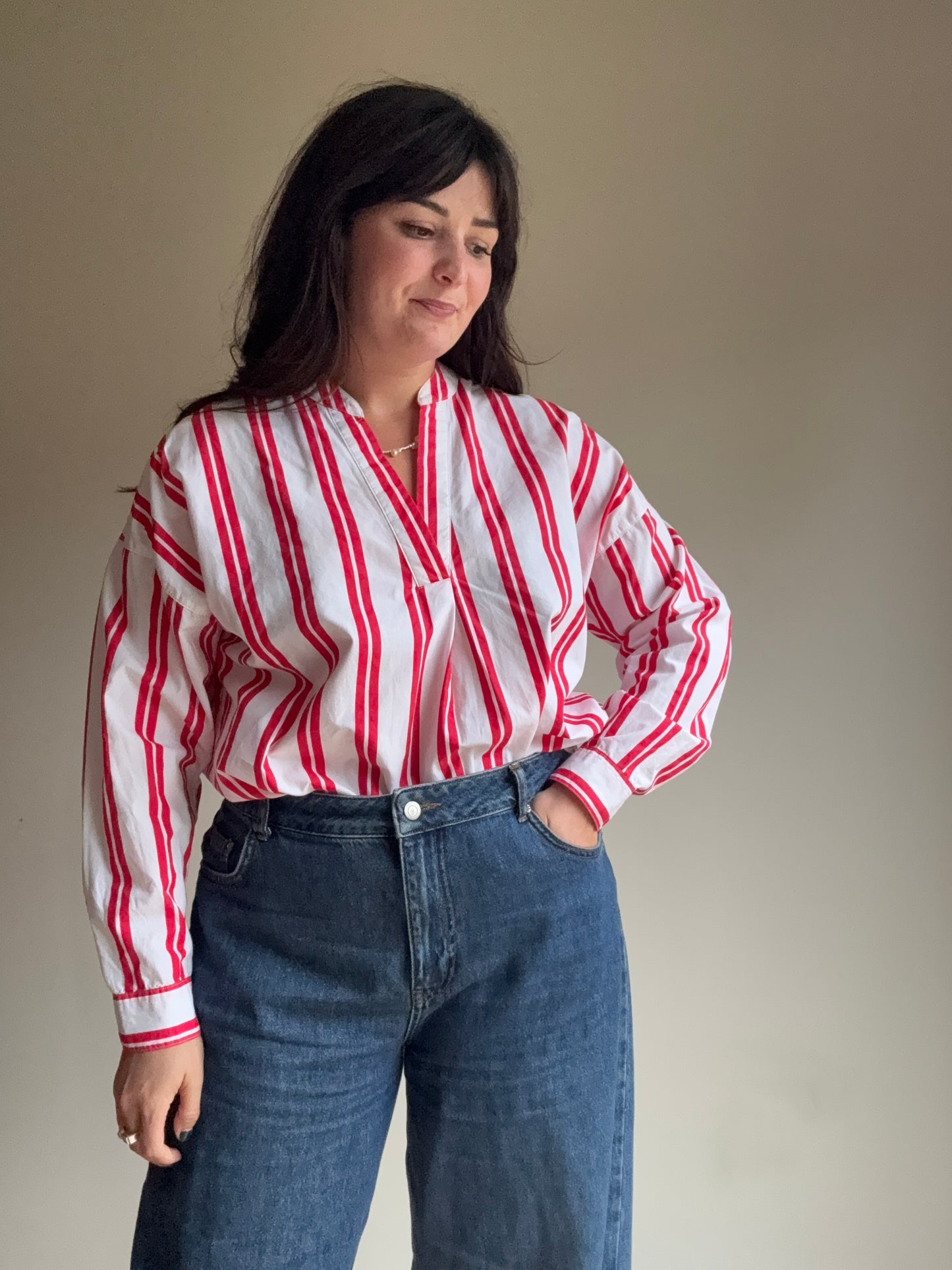 Red Stripe Cotton Blouse, M-L