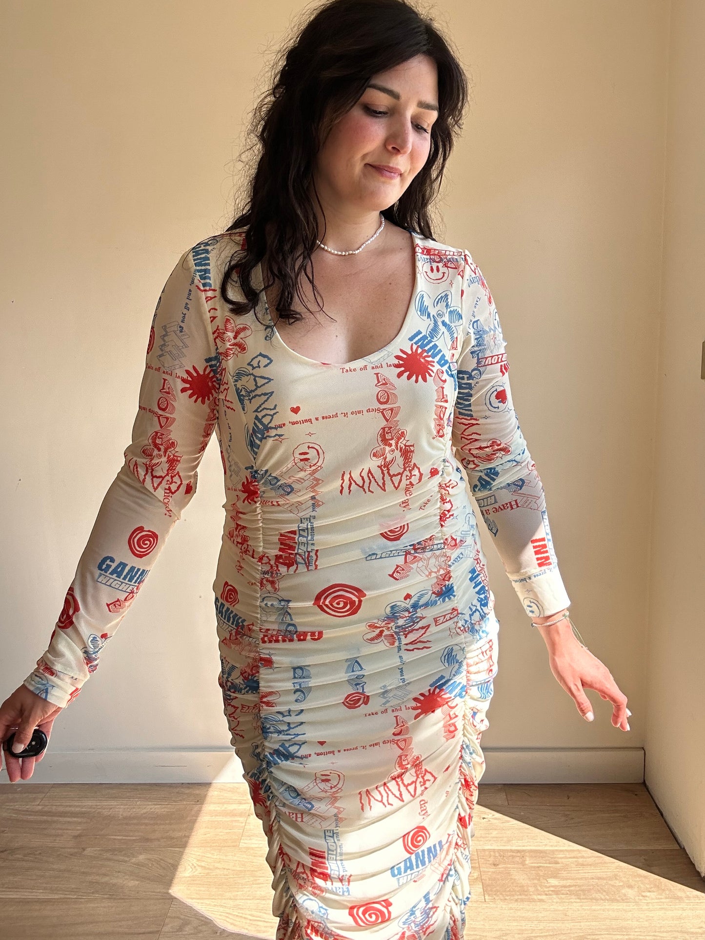 Ganni Graffiti Print Rouched Dress, 44