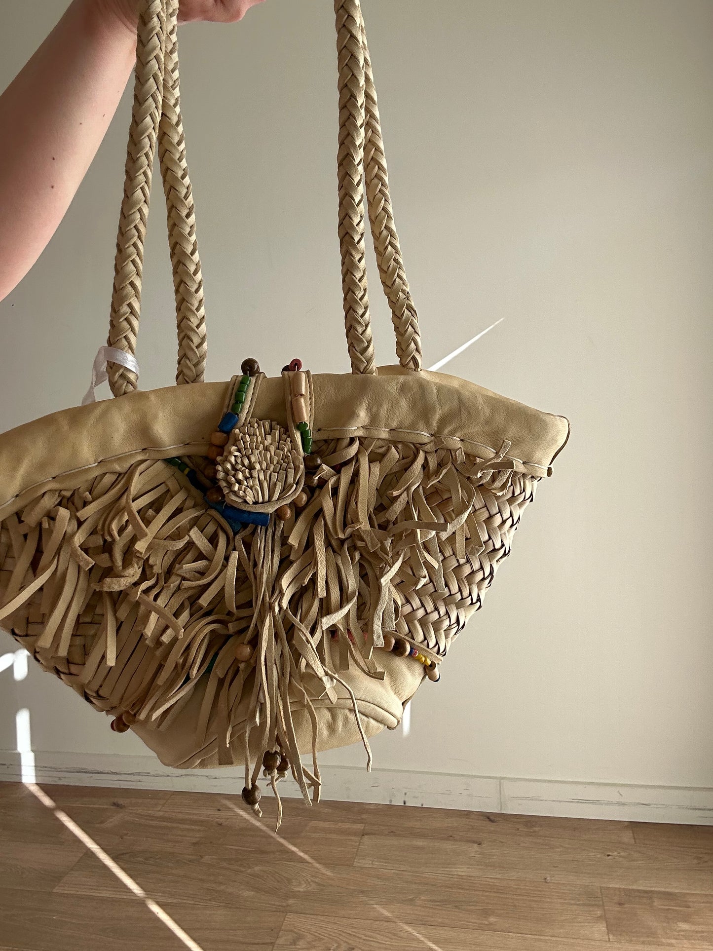 En Shalla Leather Tassel Mini Basket Bag, Small