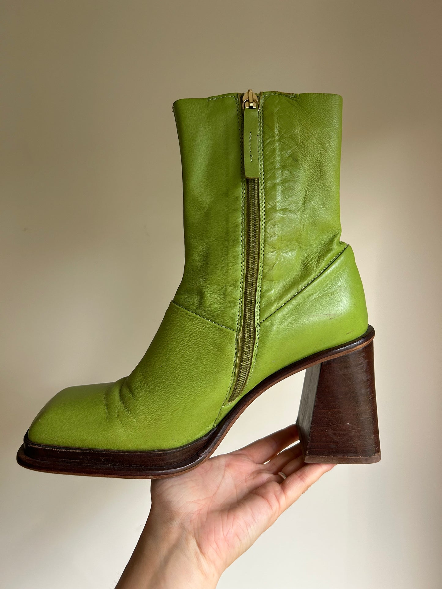 Green Asos Leather Square Toe Boots, 7