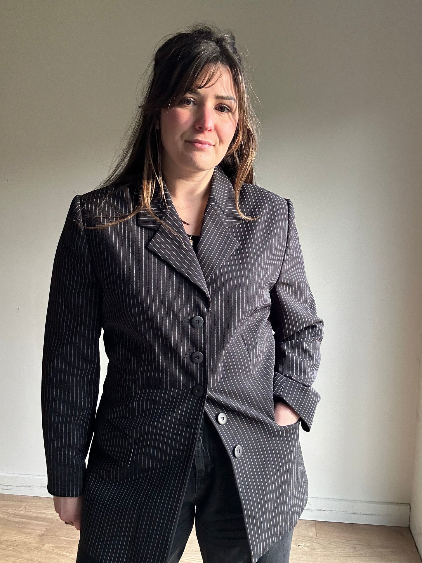 Black Vintage Pinstripe Blazer, 12
