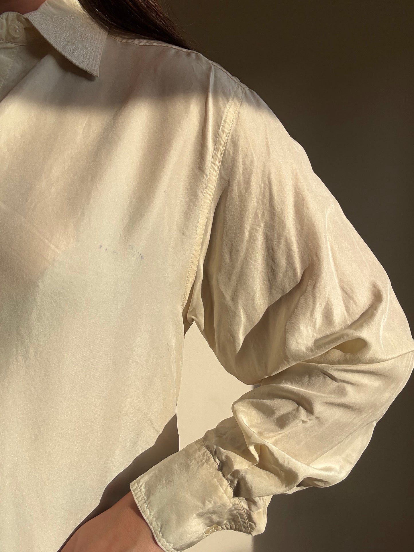 Cream Vintage Pure Silk Embroidered Shirt, M