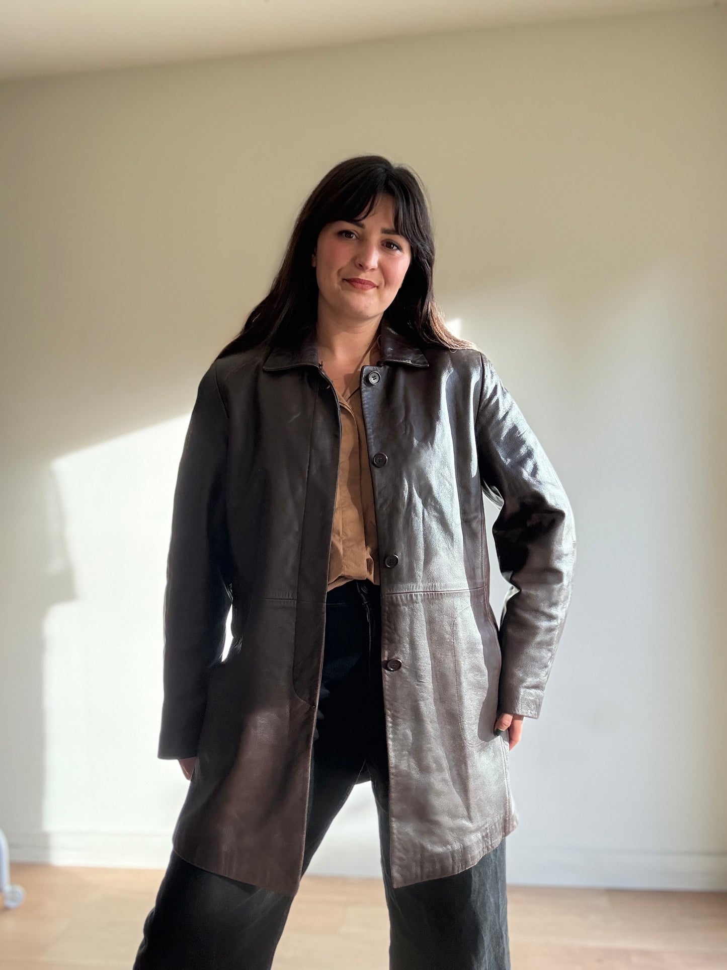 Brown Vintage M&S Butter Soft Leather Long Jacket, 12-14