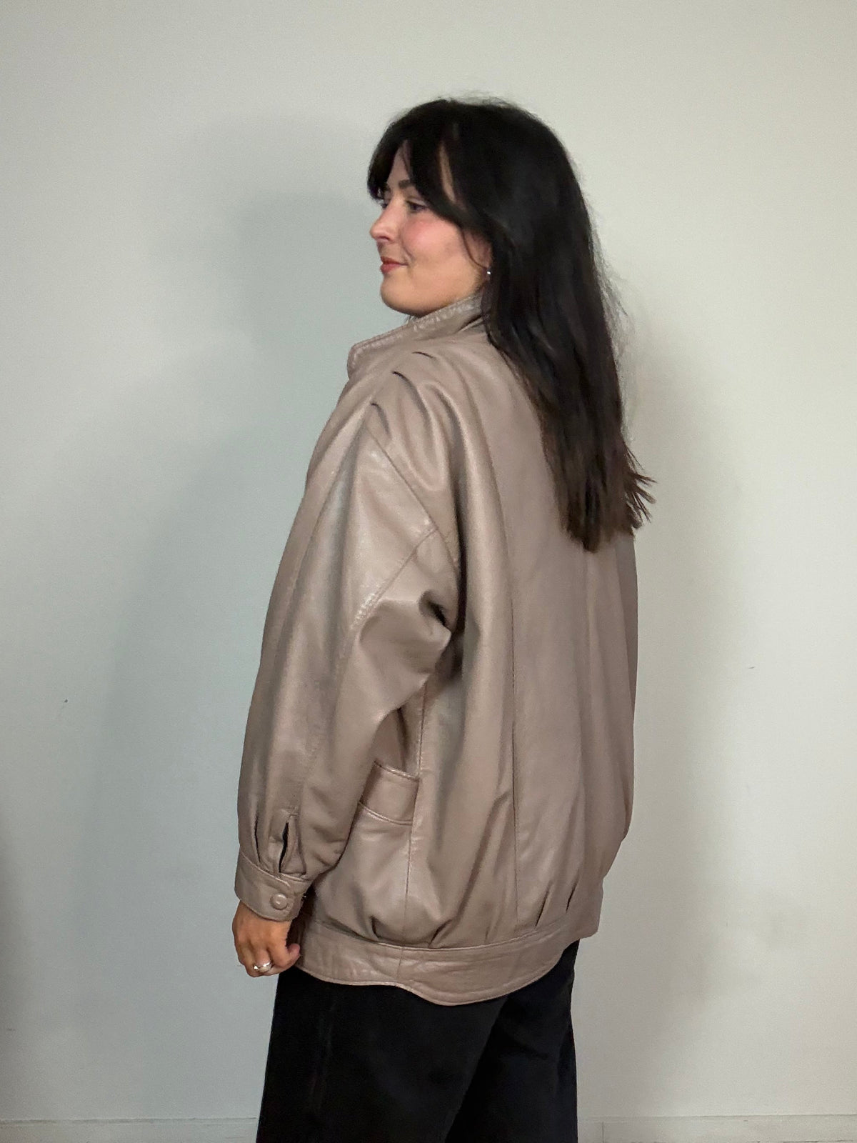 Real Leather Funnel Neck Bomber Jacket, M