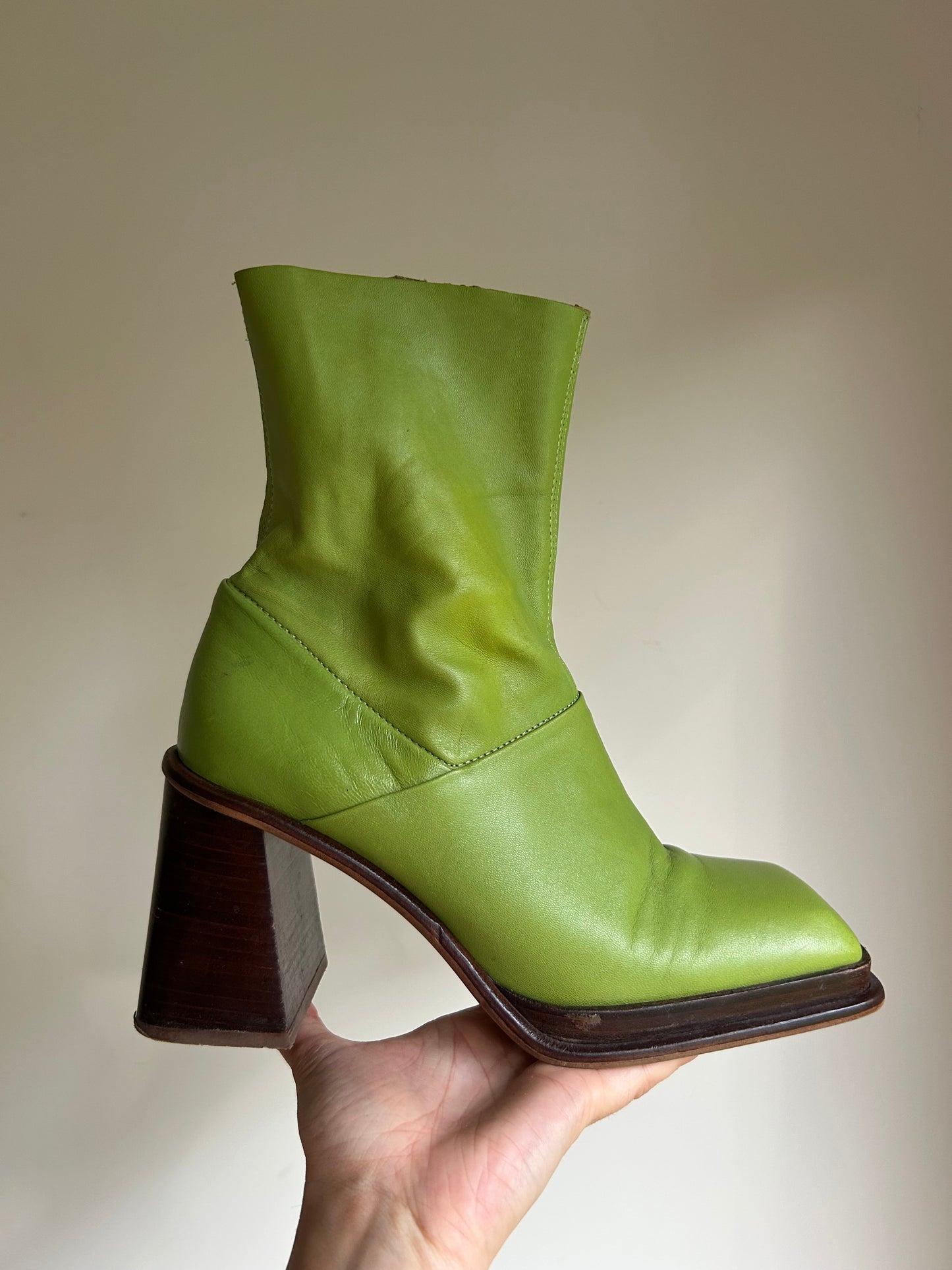 Green Asos Leather Square Toe Boots, 7