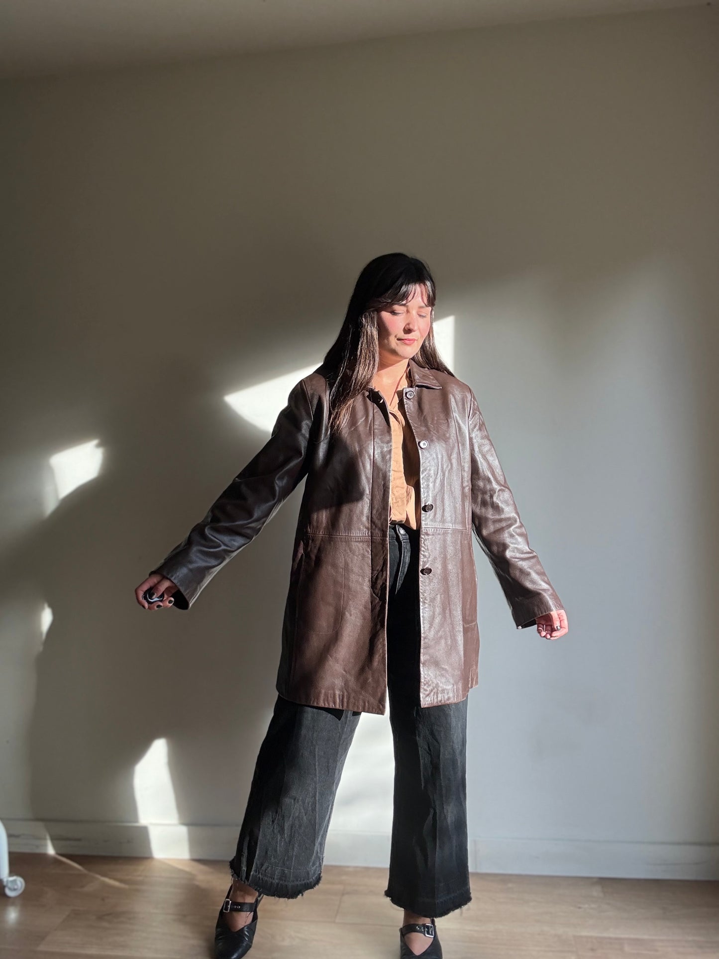 Brown Vintage M&S Butter Soft Leather Long Jacket, 12-14