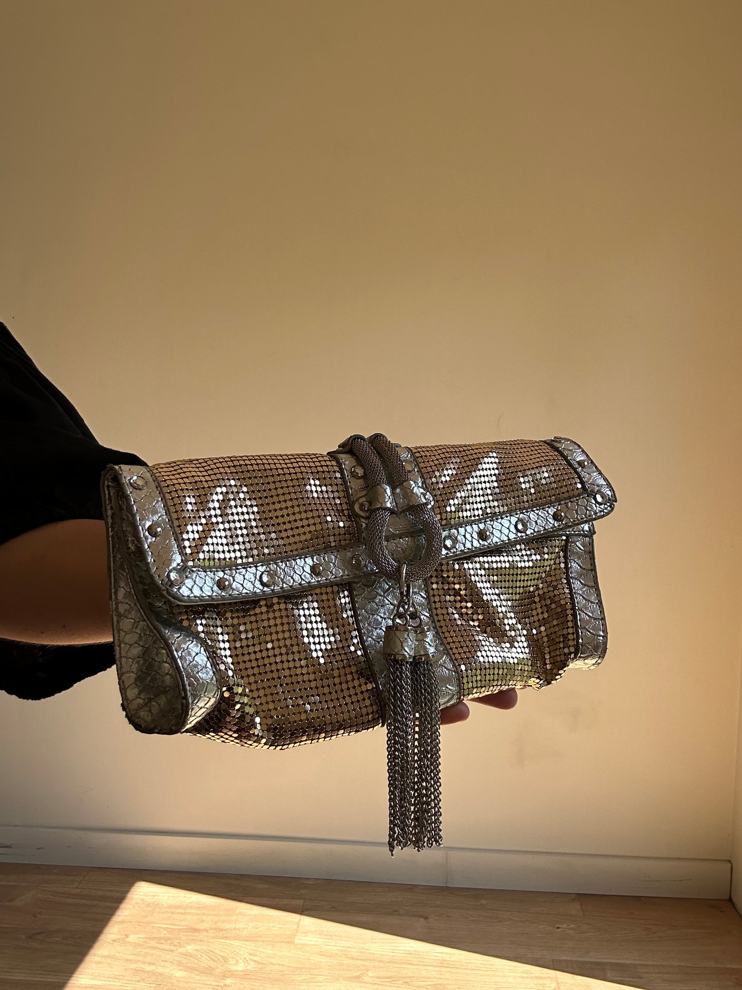 Gold & Silver Leather Chainmail Clutch Bag, O/S