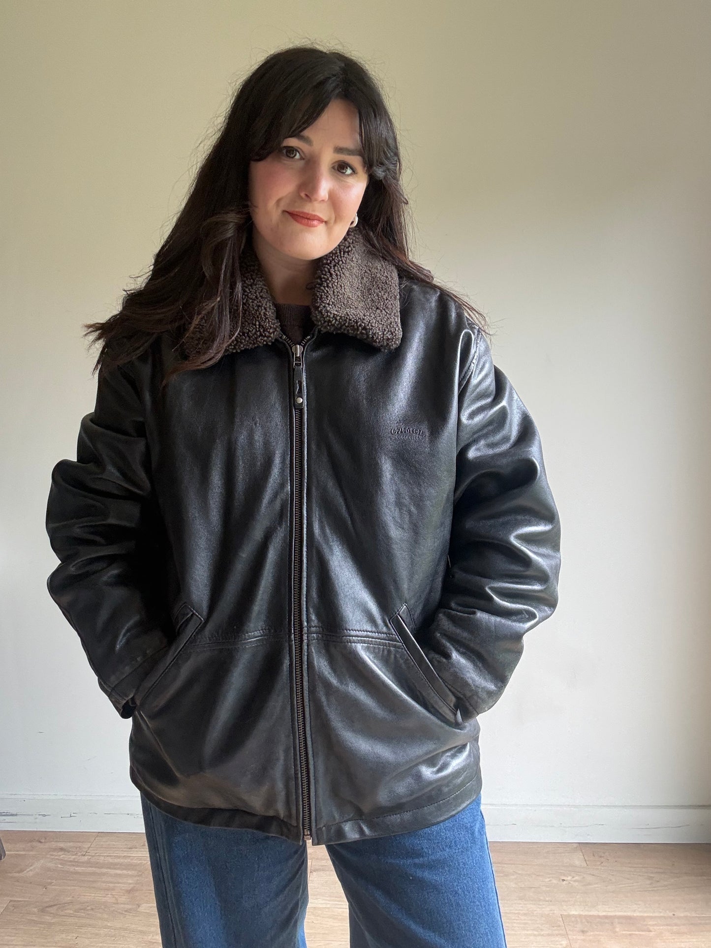 Leather Bomber Jacket with Cosy Collar, L-XL