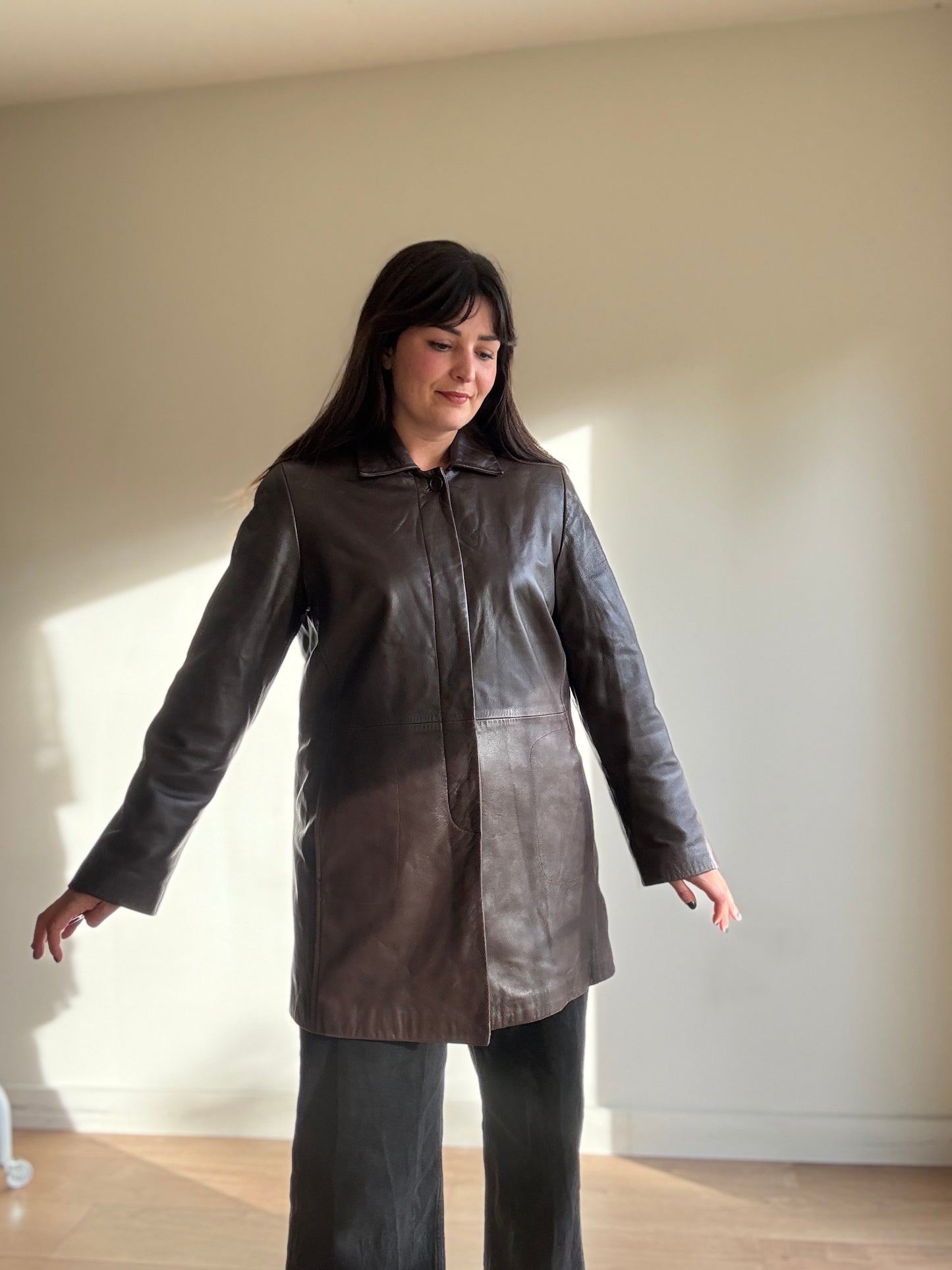 Brown Vintage M&S Butter Soft Leather Long Jacket, 12-14