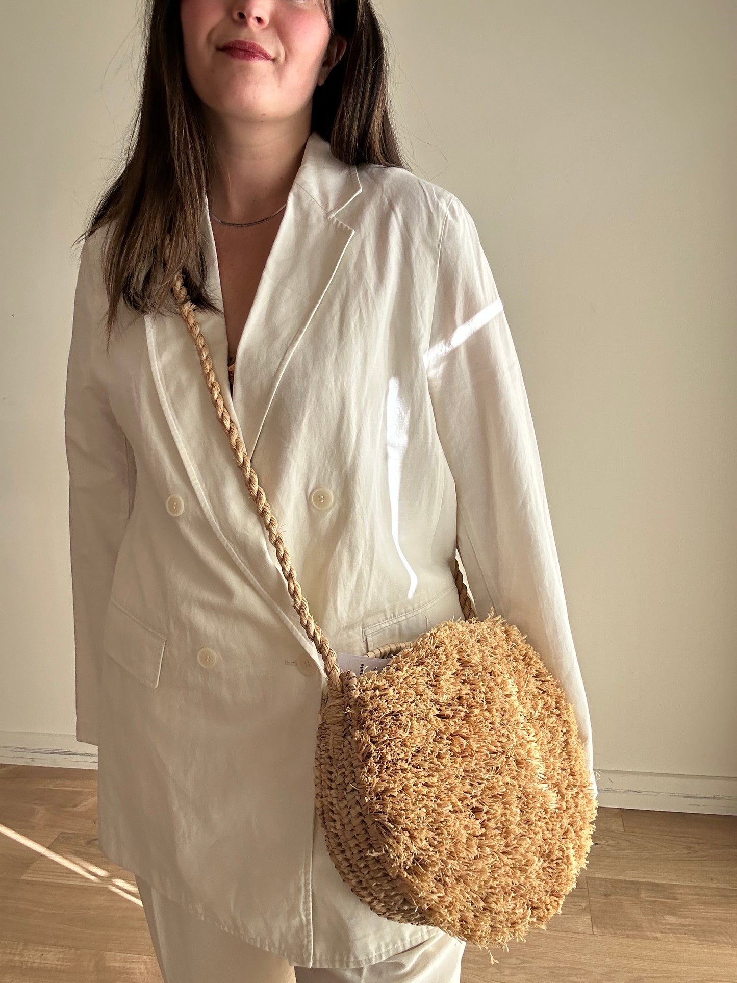 Straw Handmade Shaggy Round Crossbody Bag, O/S