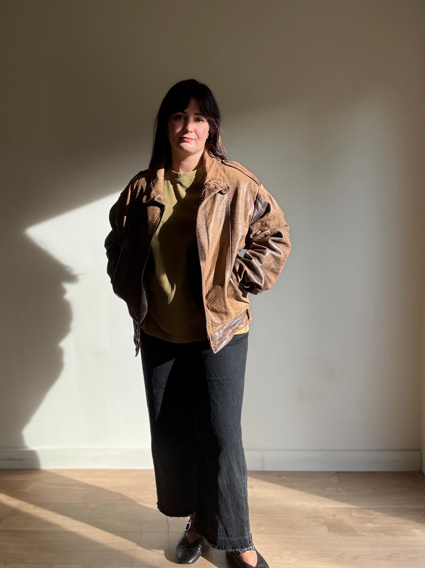 Vintage Leather Faded Aviator Bomber, M-L
