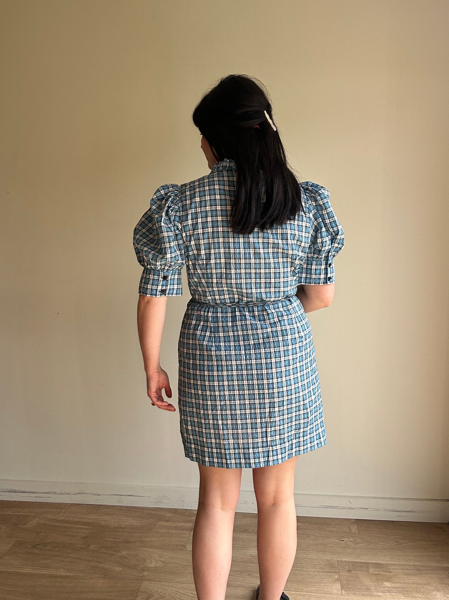 NEW Ganni Blue Check Wrap Dress - Size 42
