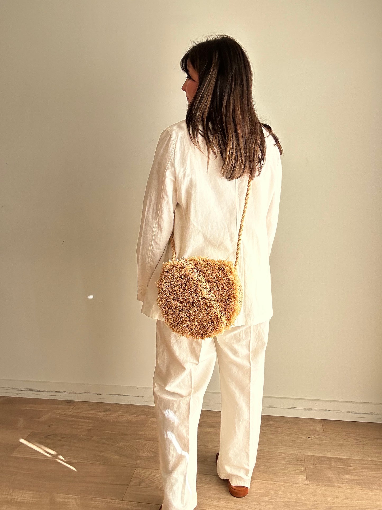 Straw Handmade Shaggy Round Crossbody Bag, O/S