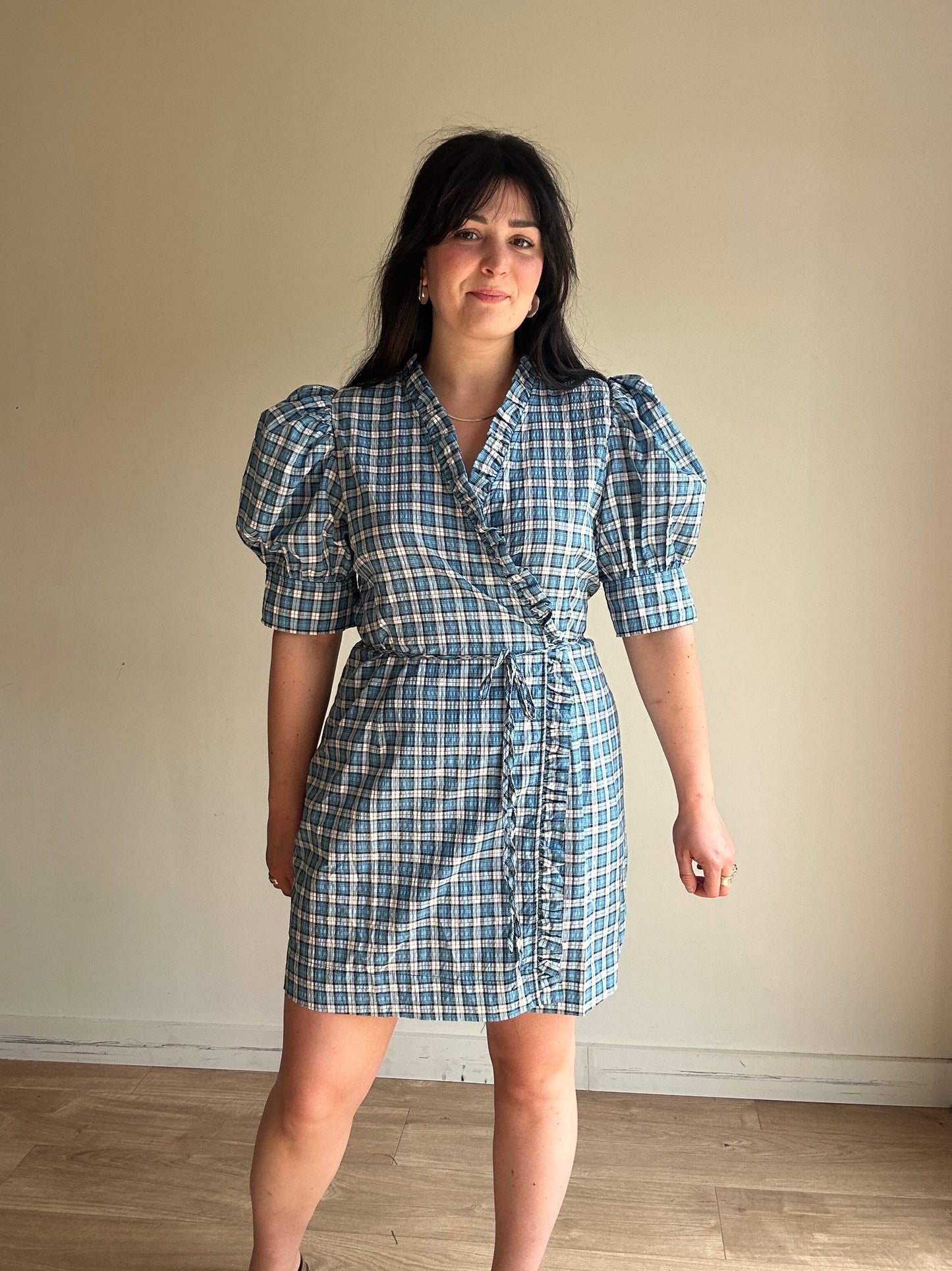 NEW Ganni Blue Check Wrap Dress - Size 42