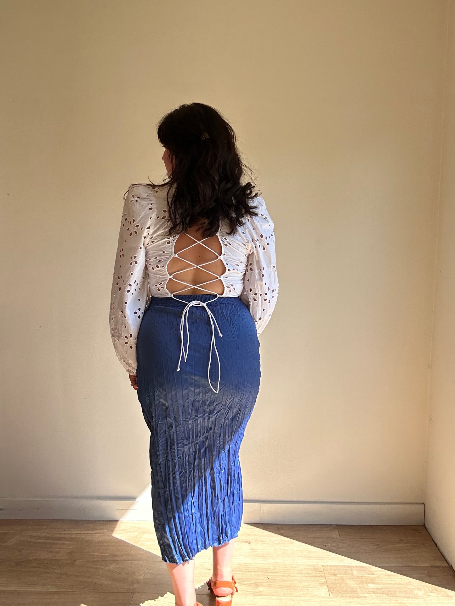 Blue Zara NEW Satin Crinkle Midi Skirt, M