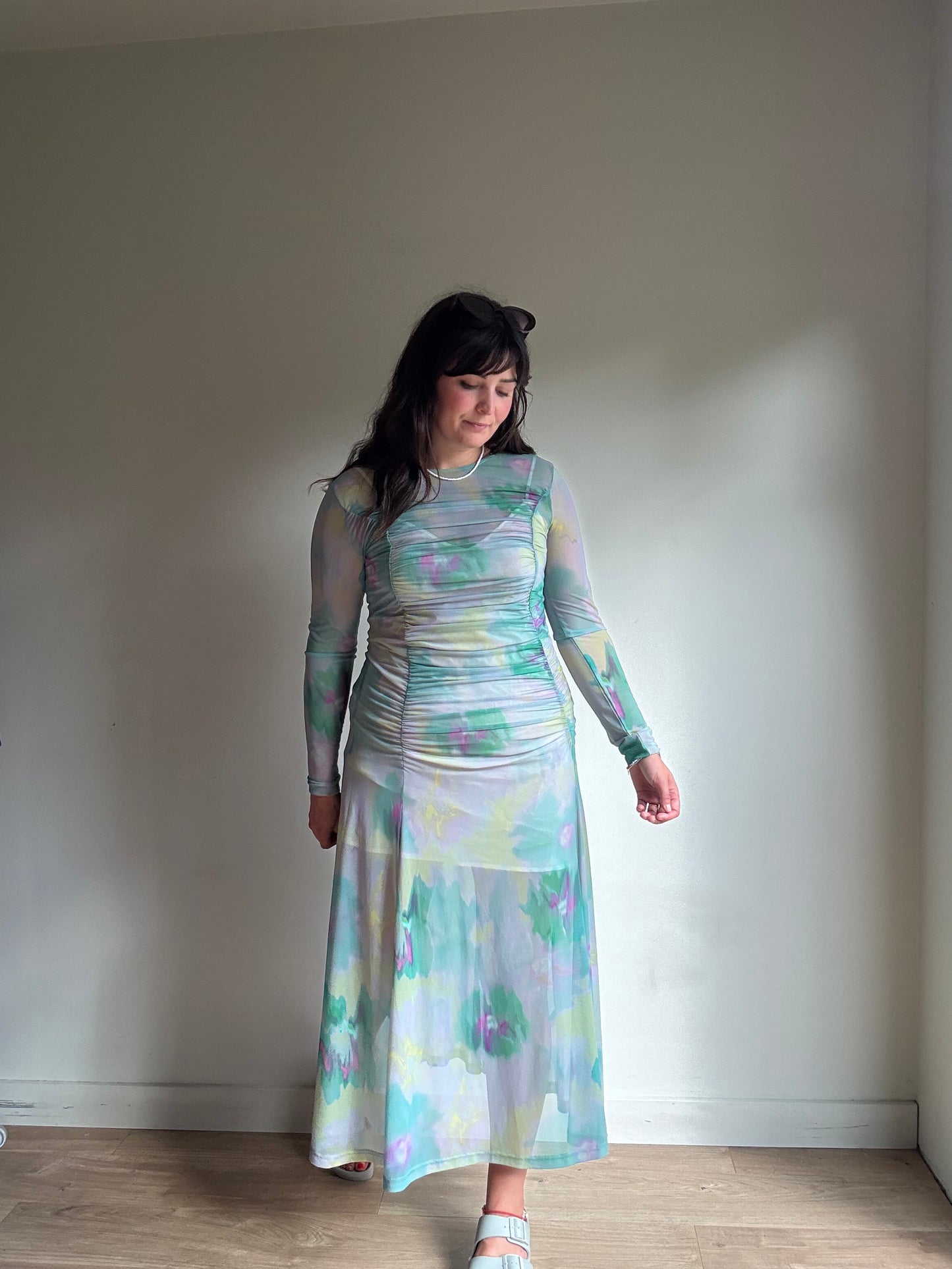Weekday Sheer Gathered Midi Dress, M