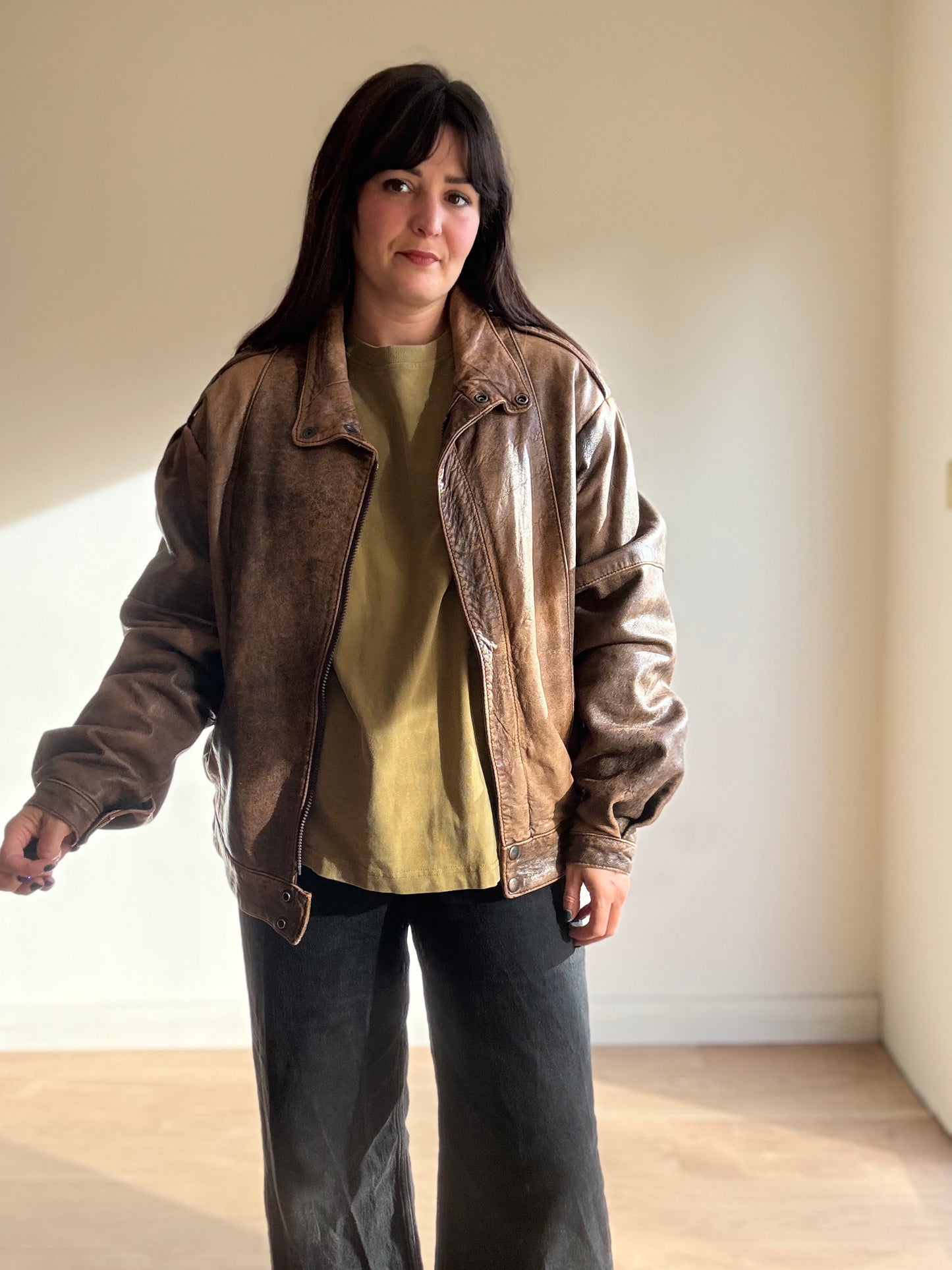 Vintage Leather Faded Aviator Bomber, M-L