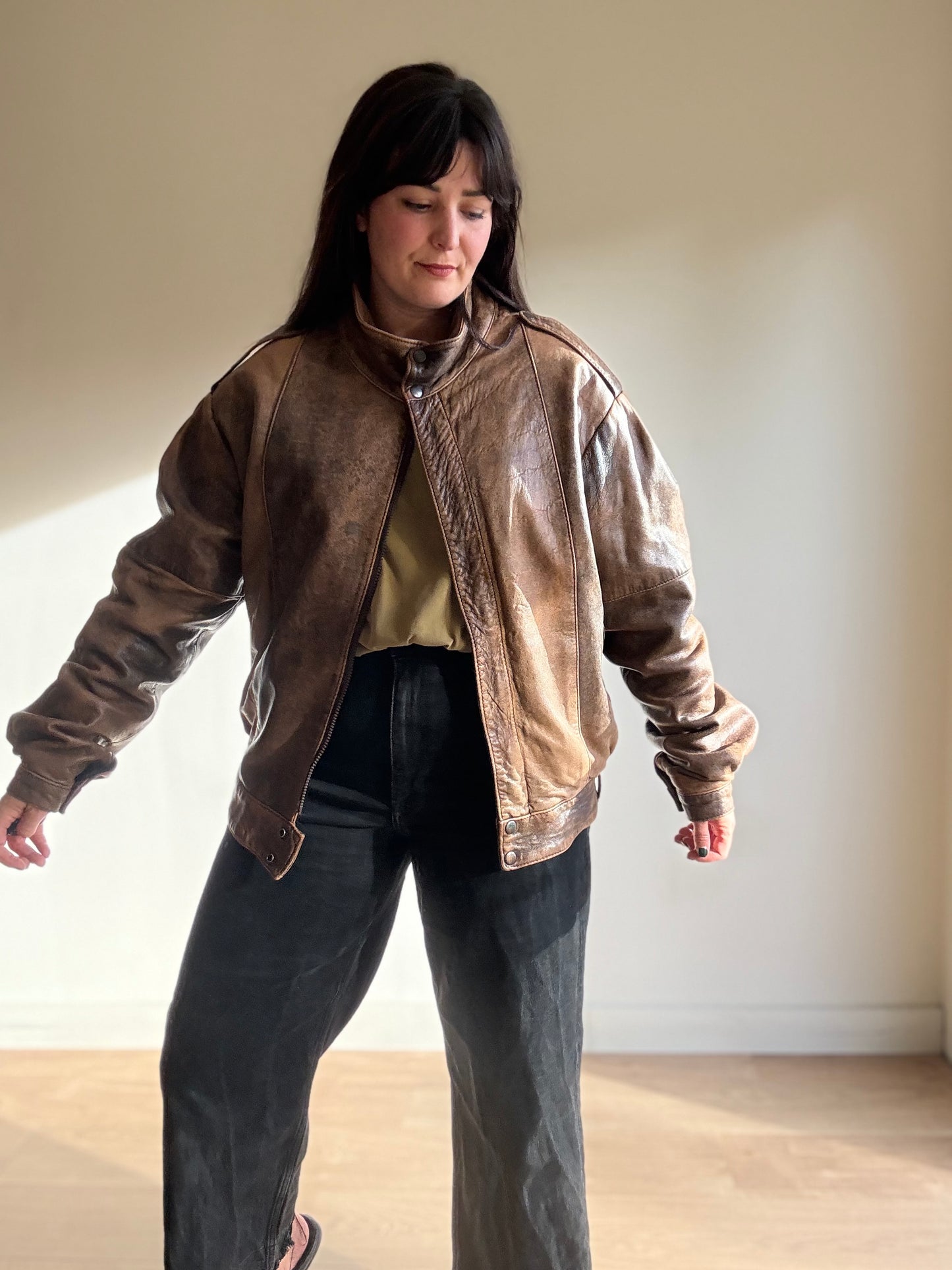 Vintage Leather Faded Aviator Bomber, M-L